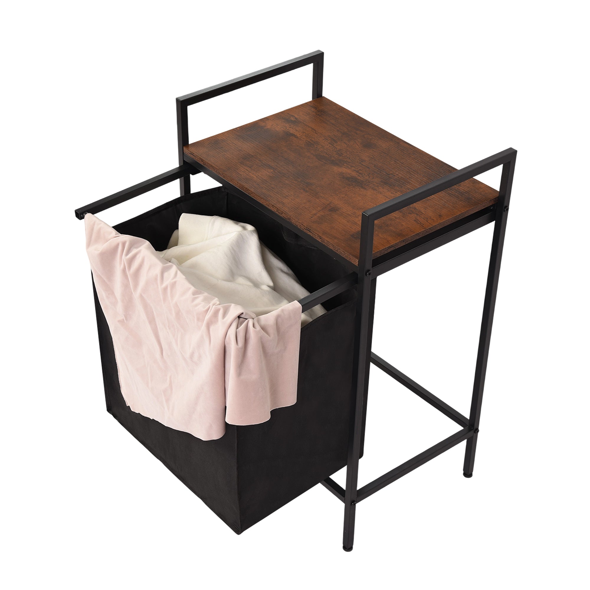 LABIN Single Laundry Hamper with Removable Bag and Rustic Wood Look Shelf, Black Steel Frame, Compact Bathroom Storage