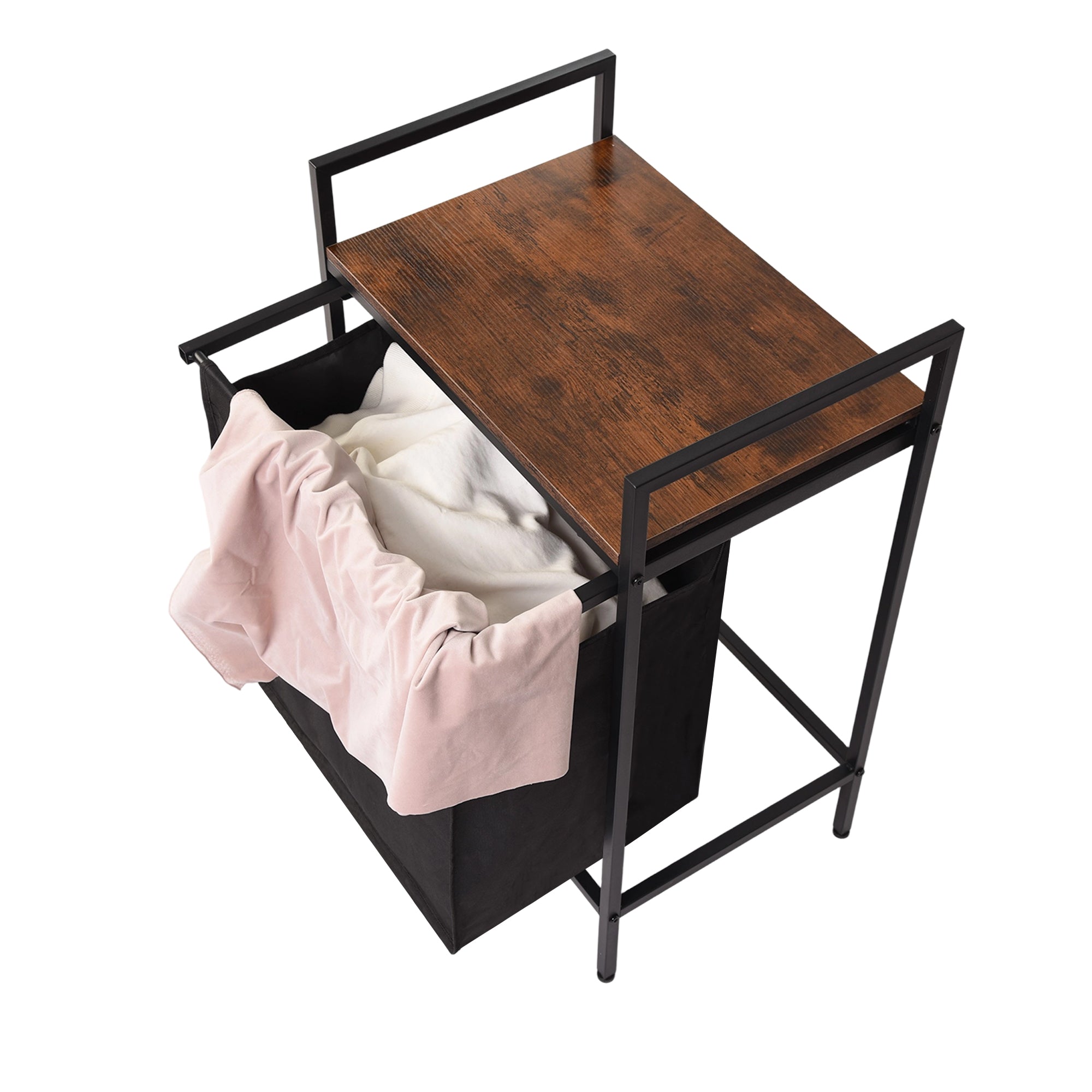 LABIN Single Laundry Hamper with Removable Bag and Rustic Wood Look Shelf, Black Steel Frame, Compact Bathroom Storage