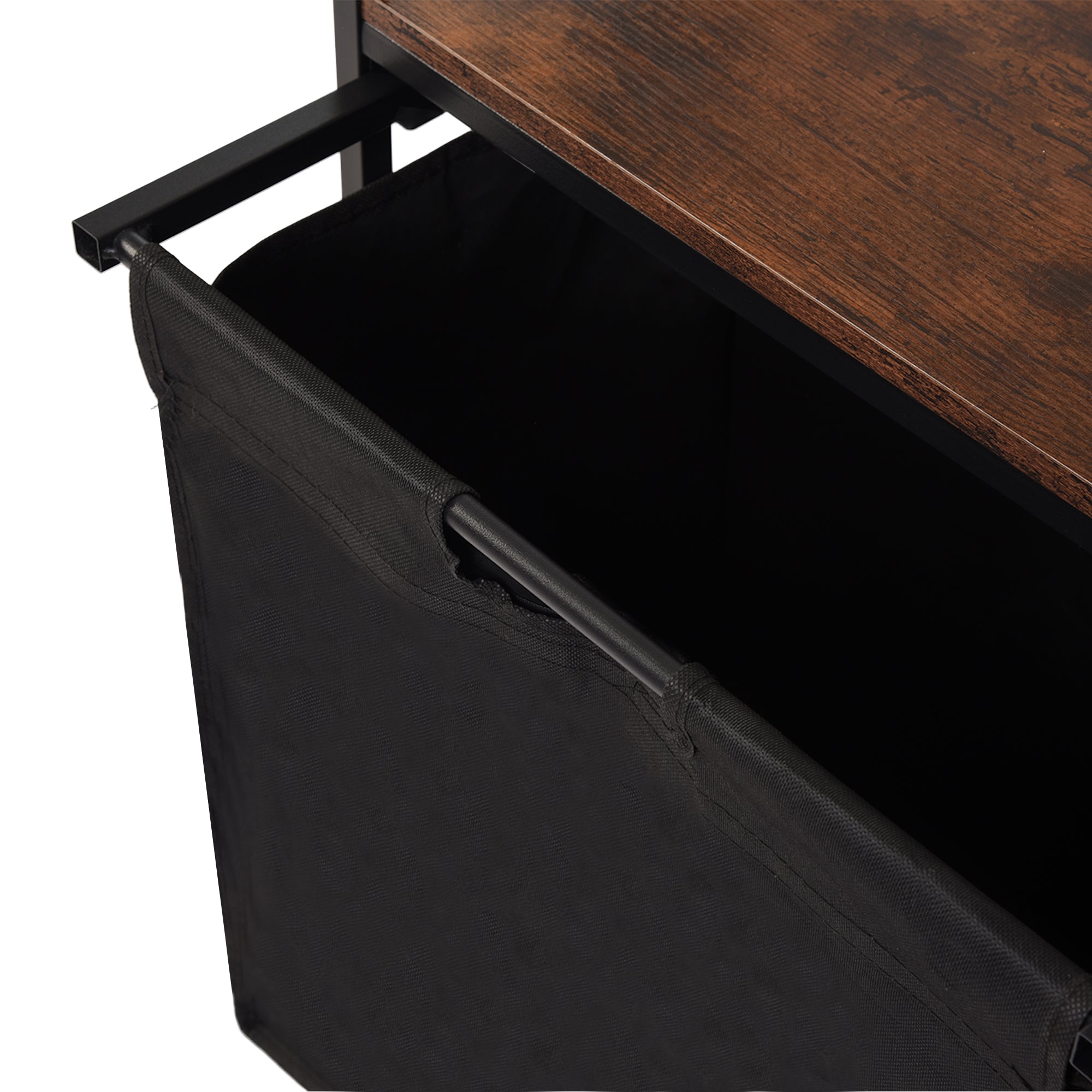 LABIN Single Laundry Hamper with Removable Bag and Rustic Wood Look Shelf, Black Steel Frame, Compact Bathroom Storage