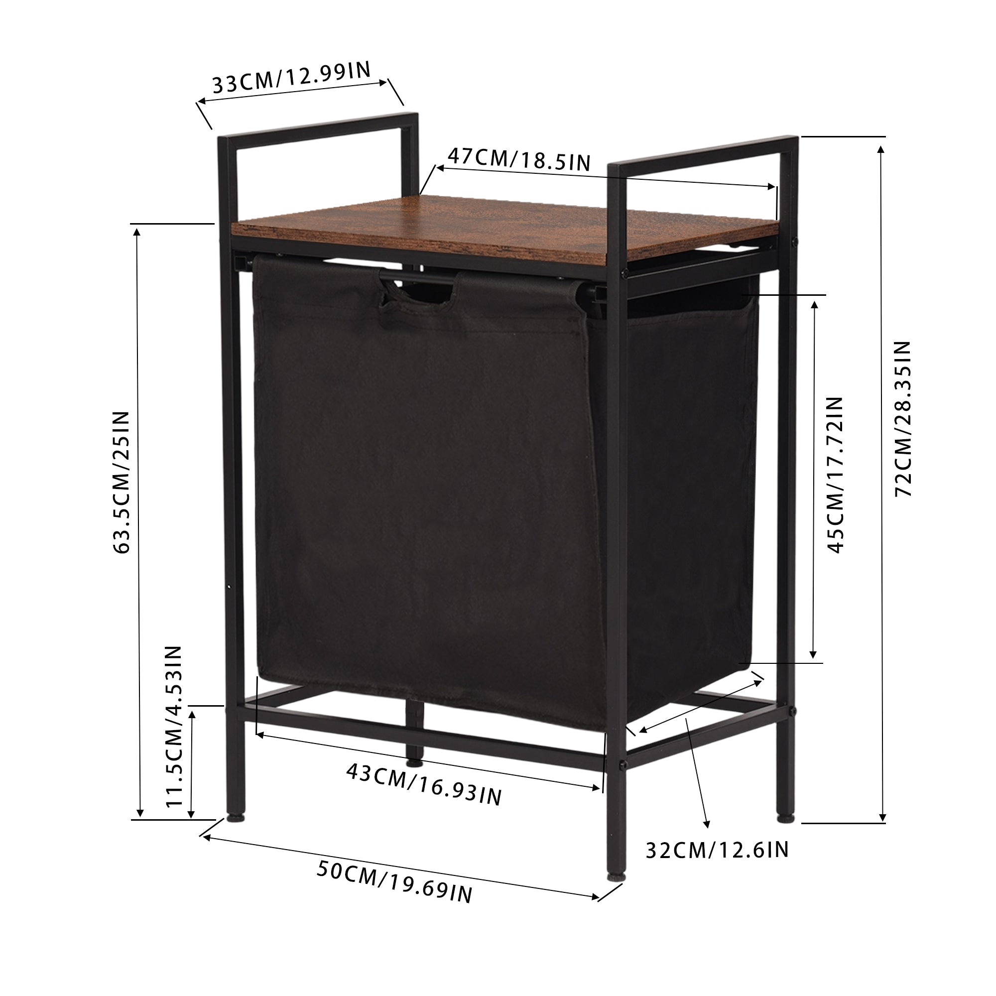 LABIN Single Laundry Hamper with Removable Bag and Rustic Wood Look Shelf, Black Steel Frame, Compact Bathroom Storage