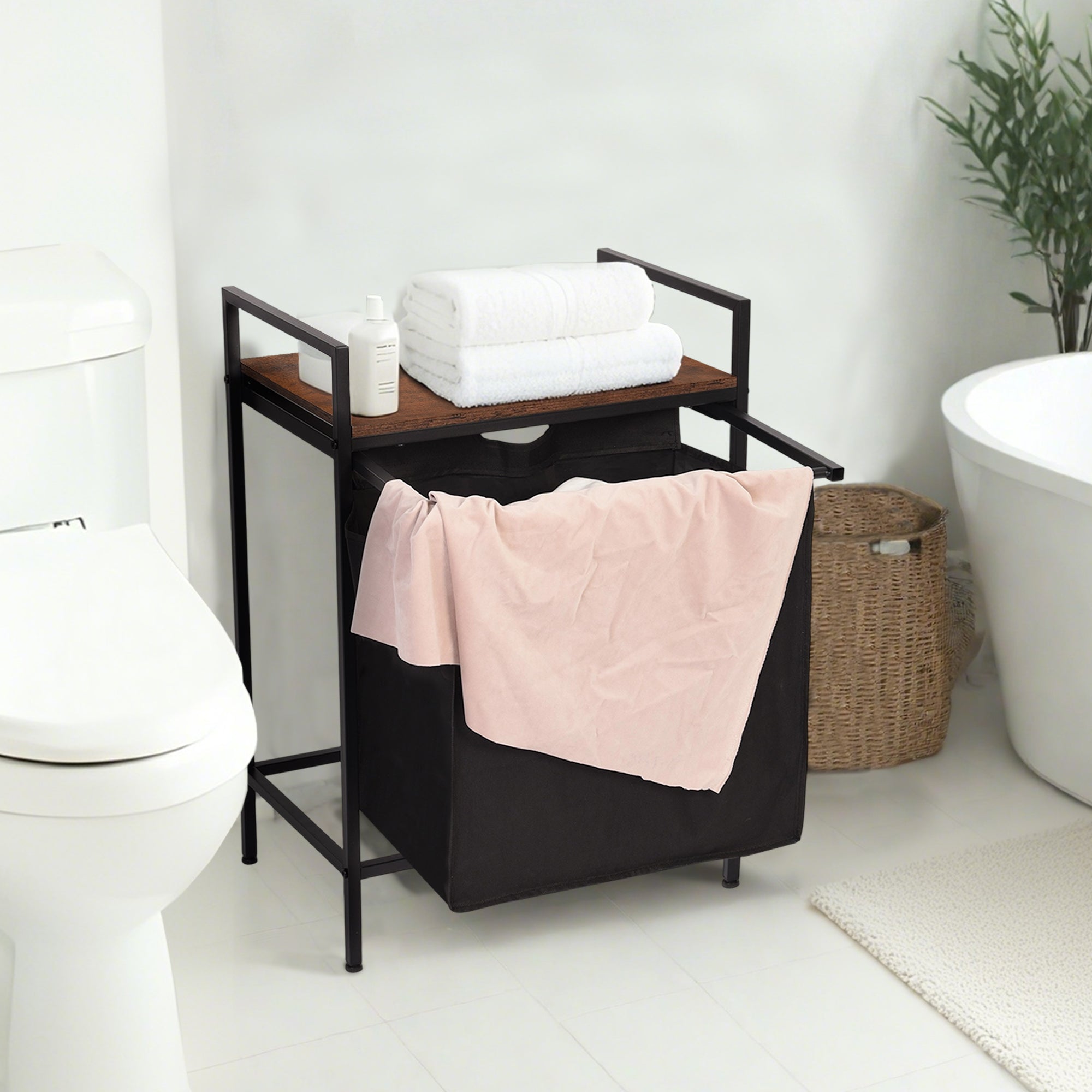 LABIN Single Laundry Hamper with Removable Bag and Rustic Wood Look Shelf, Black Steel Frame, Compact Bathroom Storage