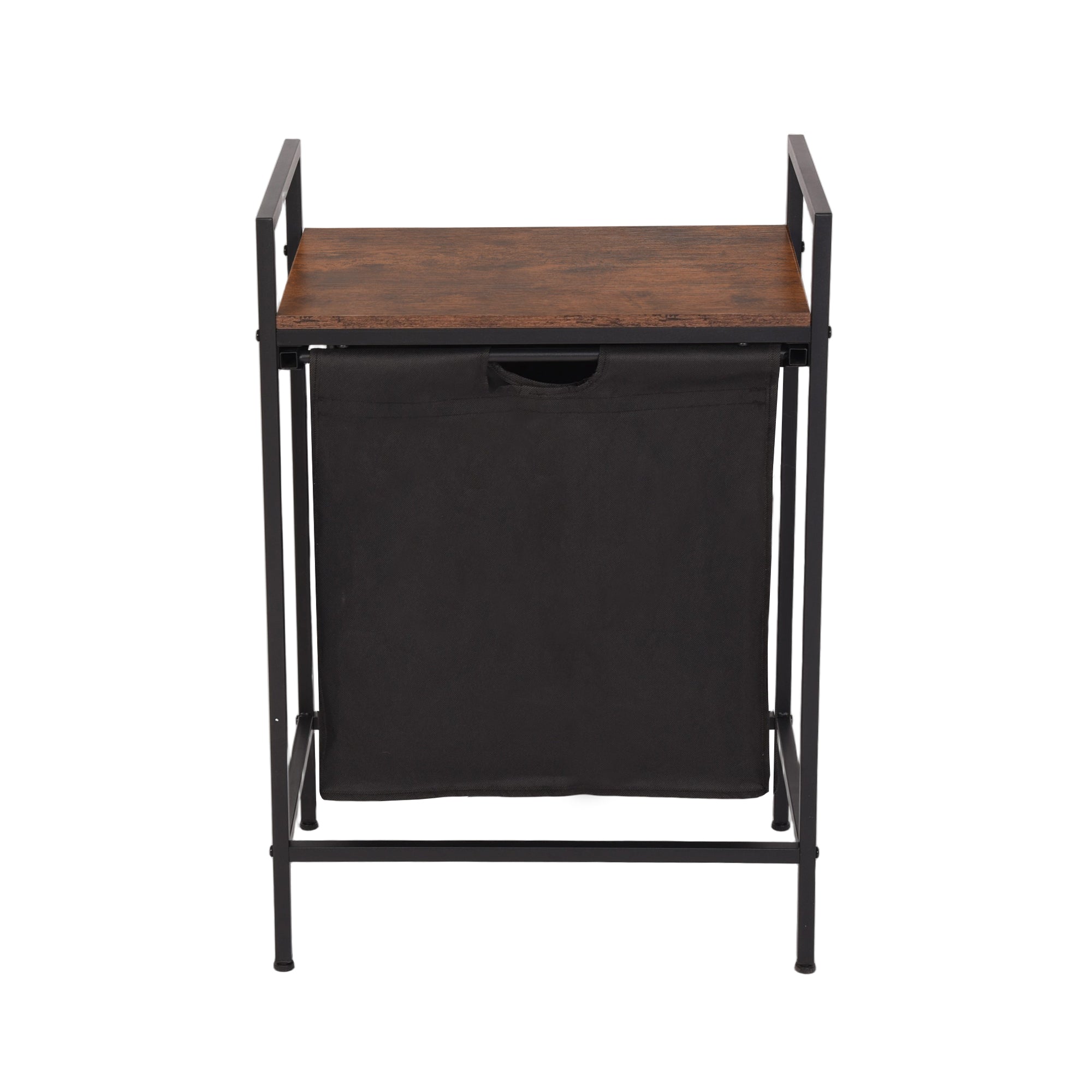 LABIN Single Laundry Hamper with Removable Bag and Rustic Wood Look Shelf, Black Steel Frame, Compact Bathroom Storage