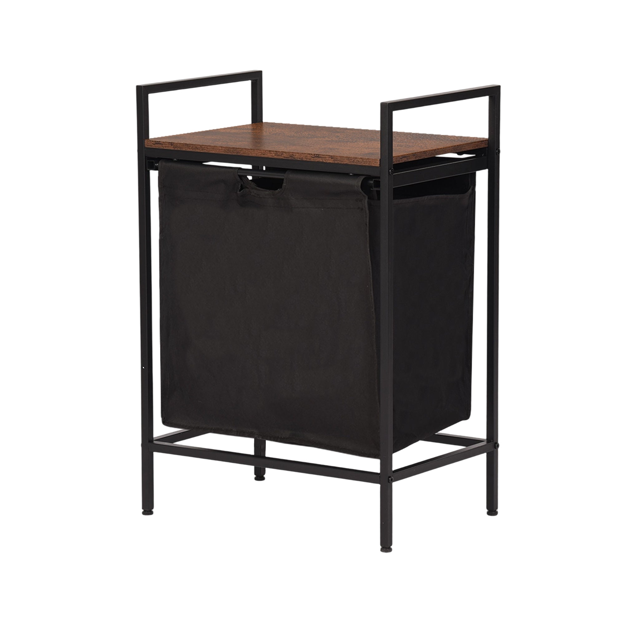 LABIN Single Laundry Hamper with Removable Bag and Rustic Wood Look Shelf, Black Steel Frame, Compact Bathroom Storage