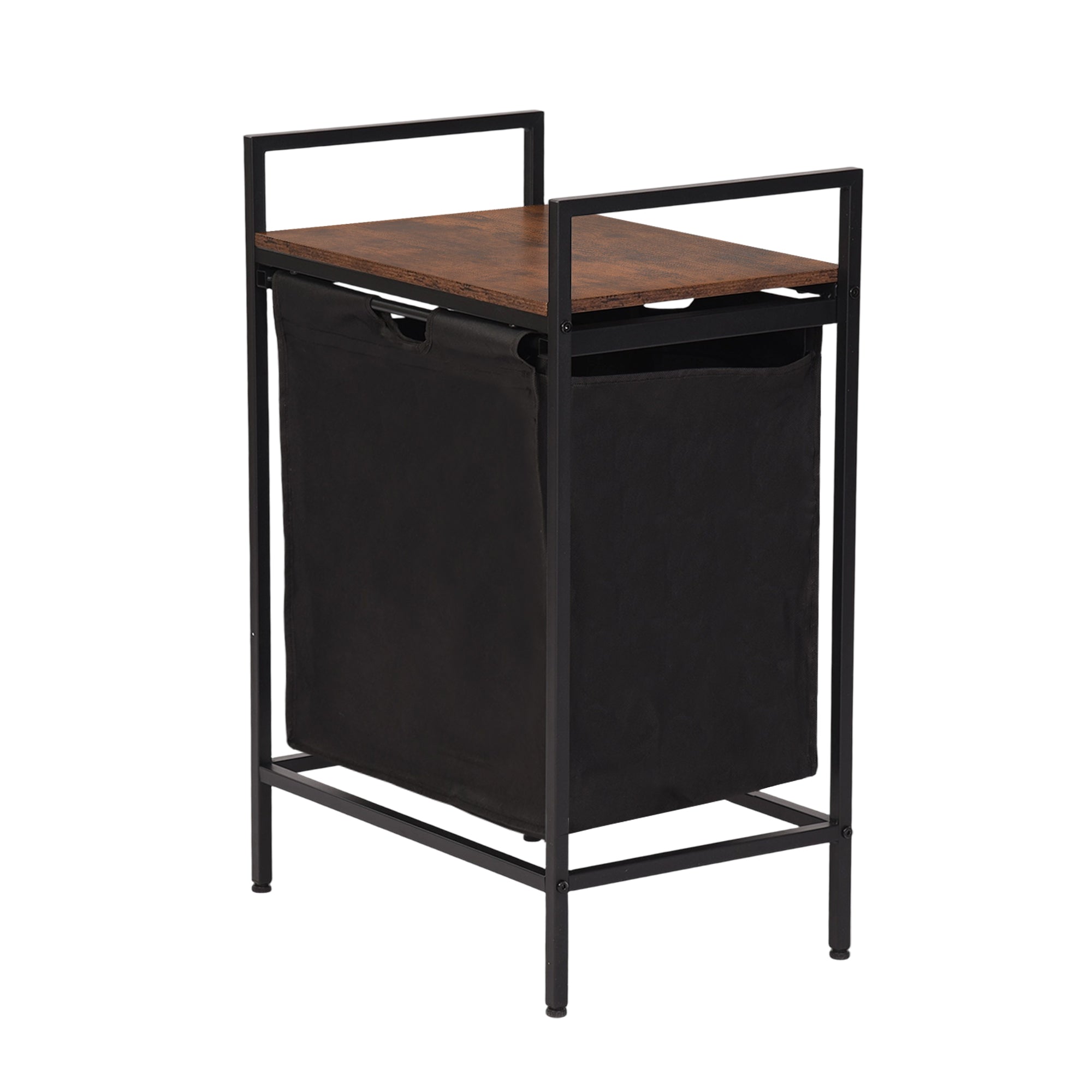LABIN Single Laundry Hamper with Removable Bag and Rustic Wood Look Shelf, Black Steel Frame, Compact Bathroom Storage