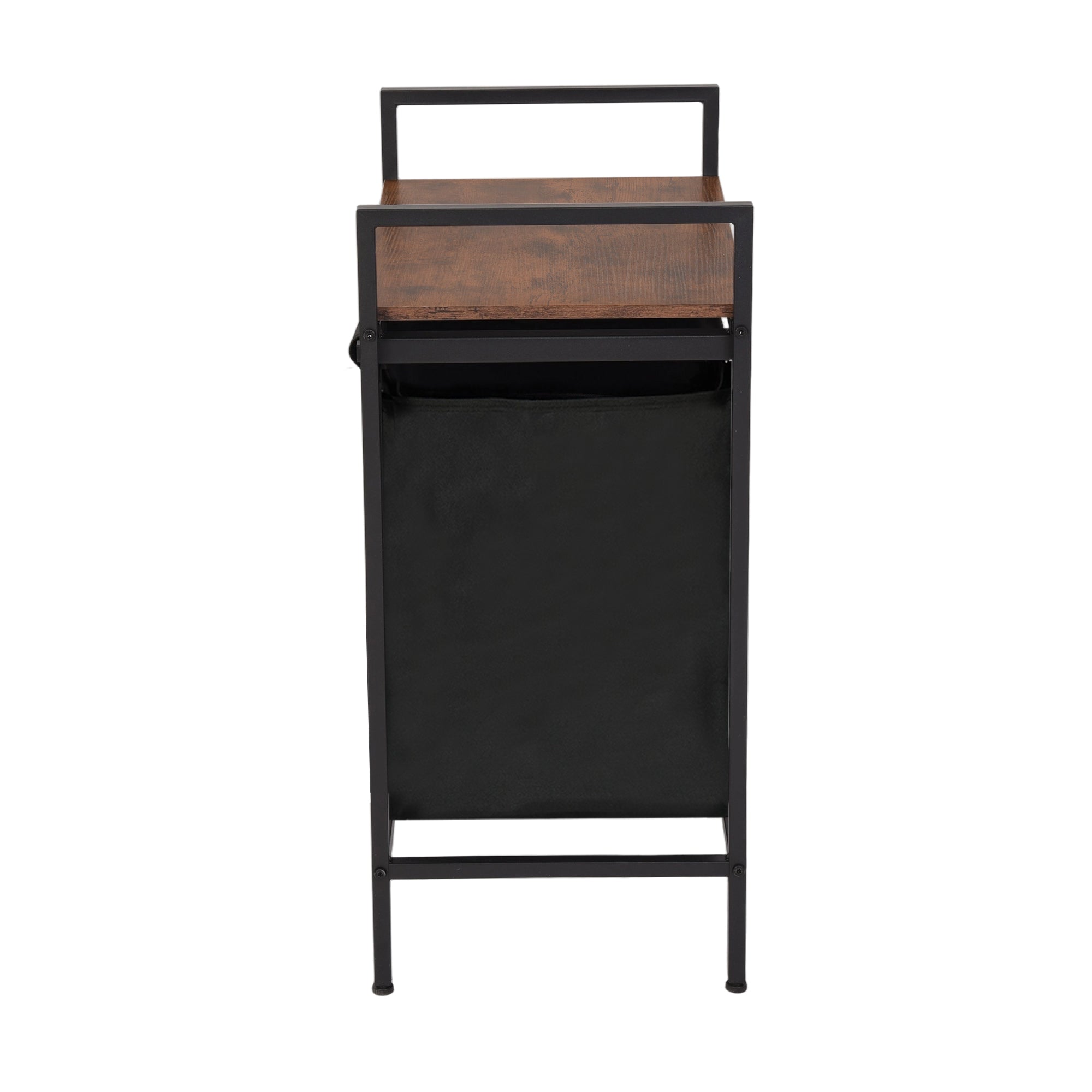 LABIN Single Laundry Hamper with Removable Bag and Rustic Wood Look Shelf, Black Steel Frame, Compact Bathroom Storage