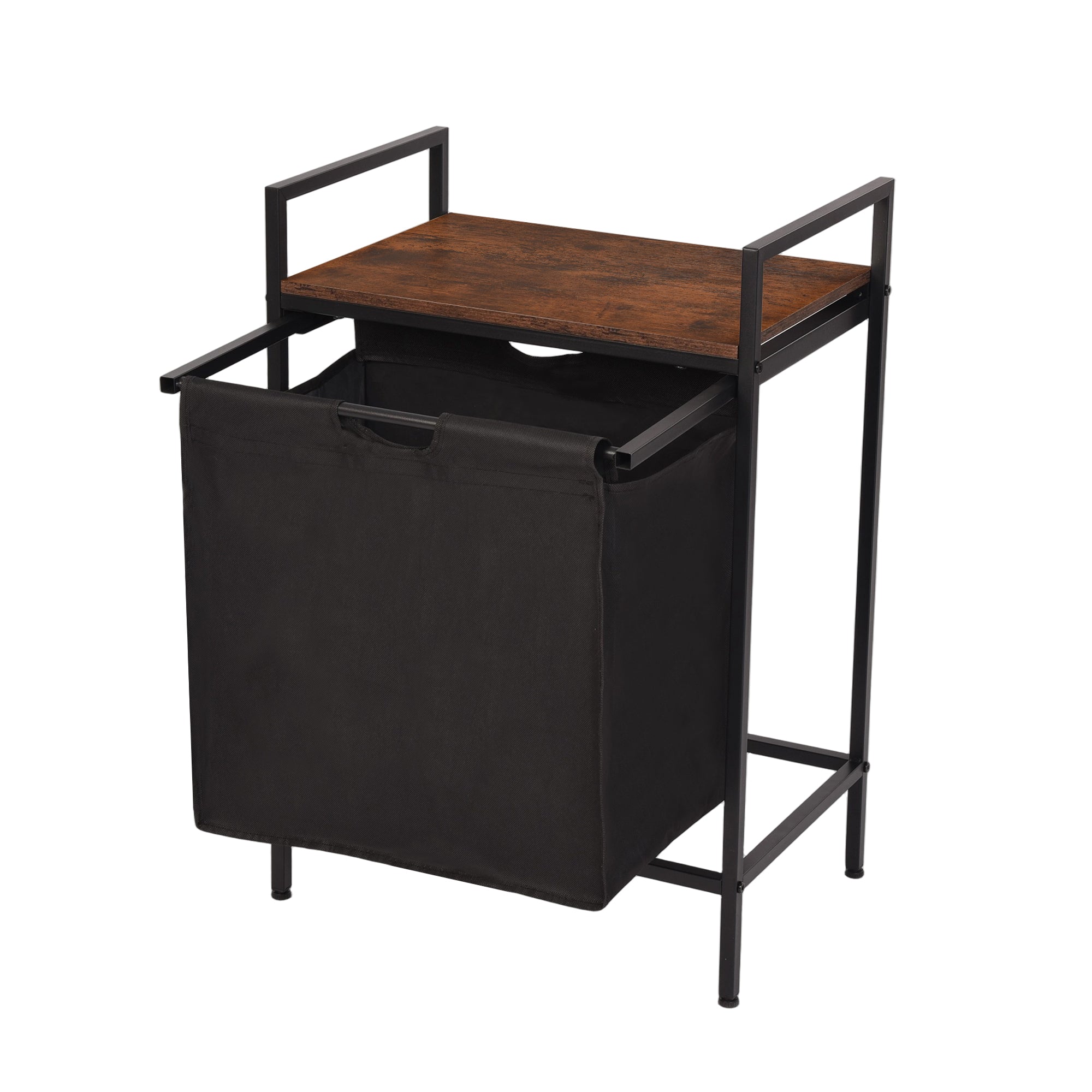LABIN Single Laundry Hamper with Removable Bag and Rustic Wood Look Shelf, Black Steel Frame, Compact Bathroom Storage