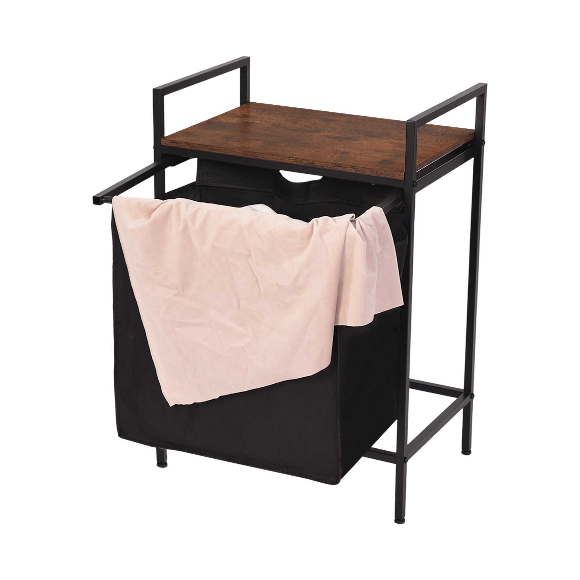 LABIN Single Laundry Hamper with Removable Bag and Rustic Wood Look Shelf, Black Steel Frame, Compact Bathroom Storage