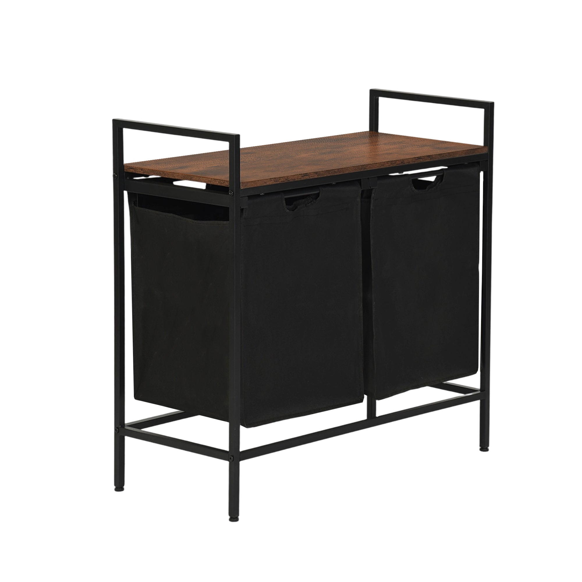 LABIN Single Laundry Hamper with Removable Bag and Rustic Wood Look Shelf, Black Steel Frame, Compact Bathroom Storage