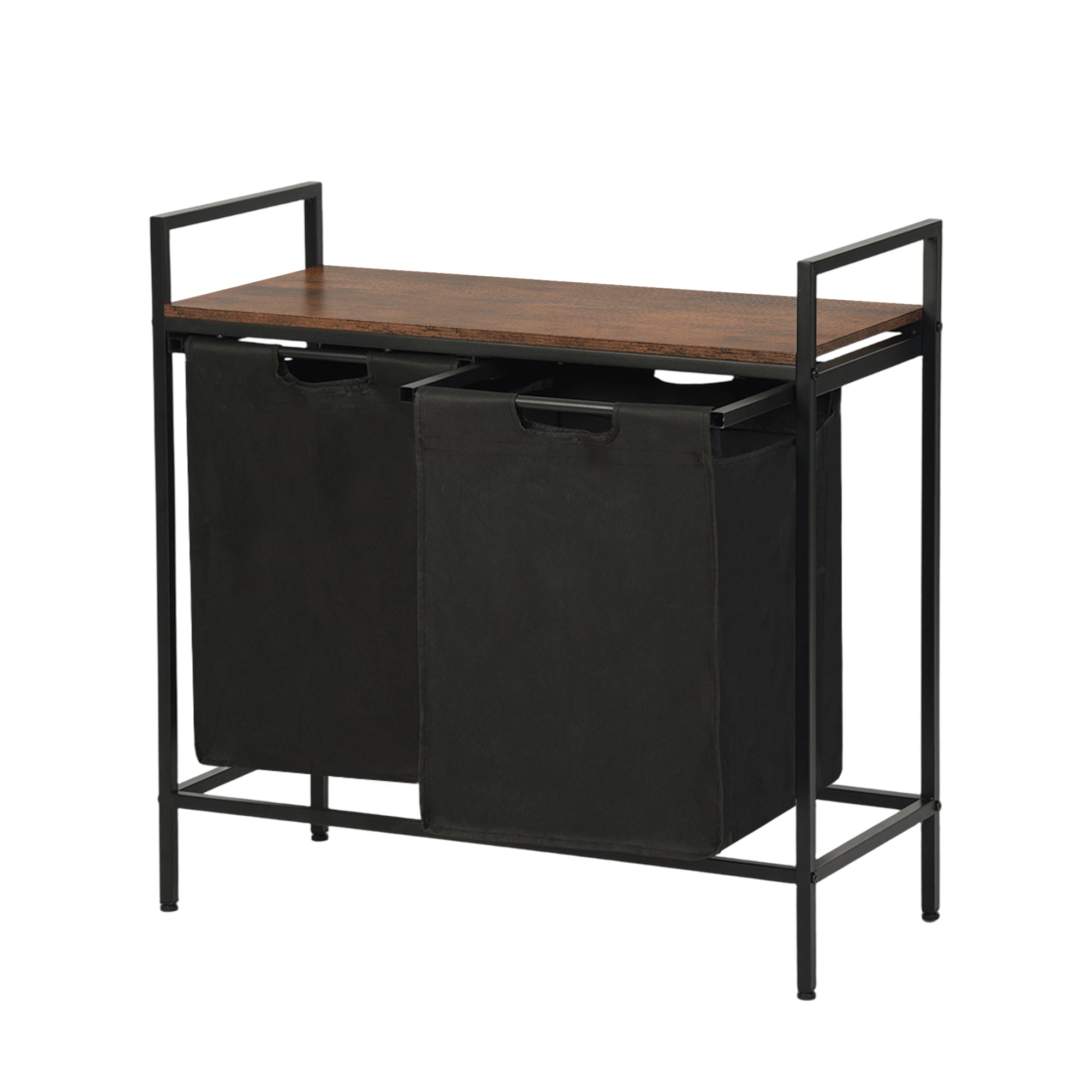 LABIN Single Laundry Hamper with Removable Bag and Rustic Wood Look Shelf, Black Steel Frame, Compact Bathroom Storage