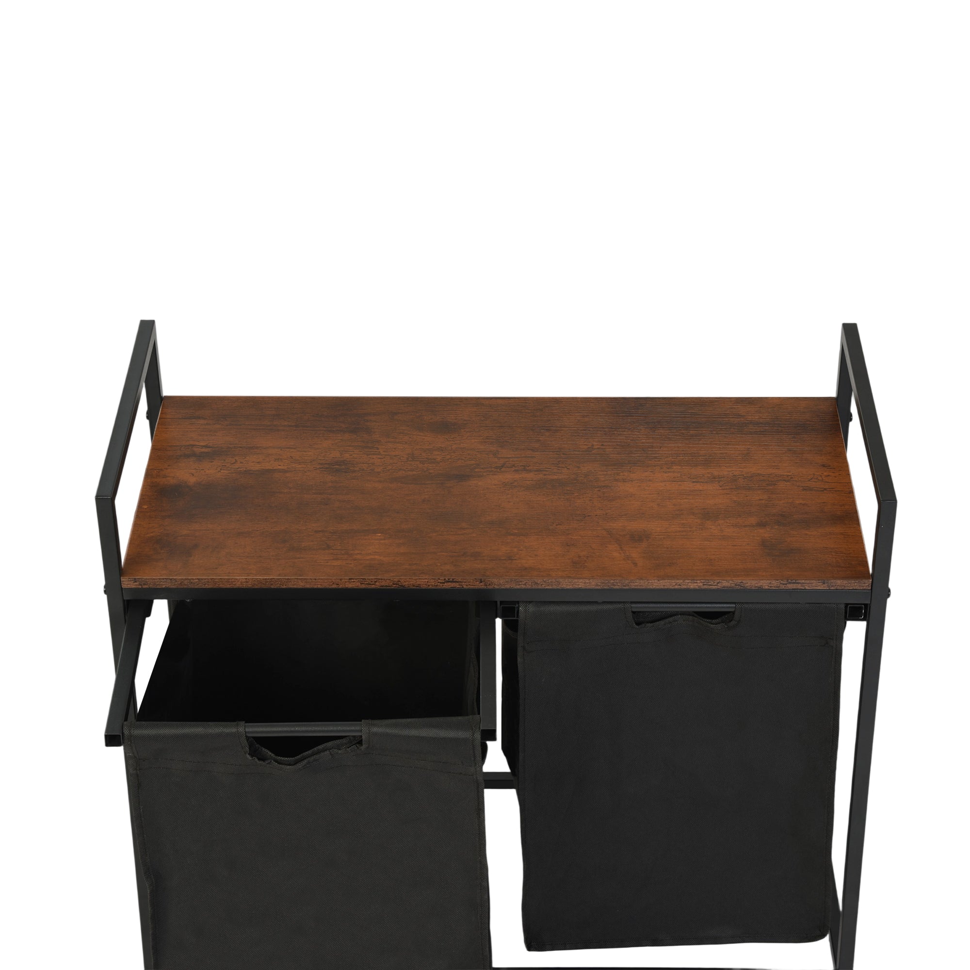 LABIN Single Laundry Hamper with Removable Bag and Rustic Wood Look Shelf, Black Steel Frame, Compact Bathroom Storage