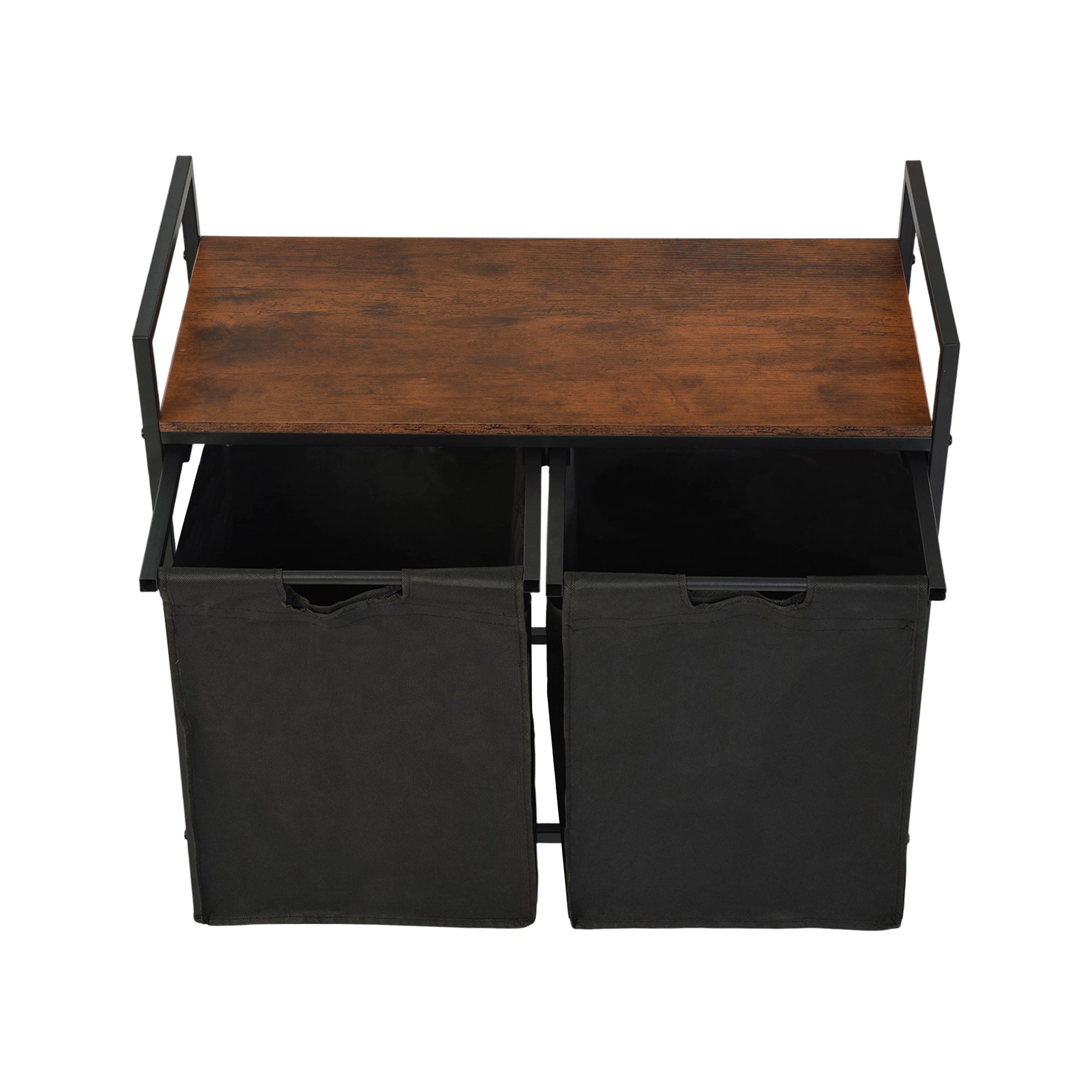 LABIN Single Laundry Hamper with Removable Bag and Rustic Wood Look Shelf, Black Steel Frame, Compact Bathroom Storage