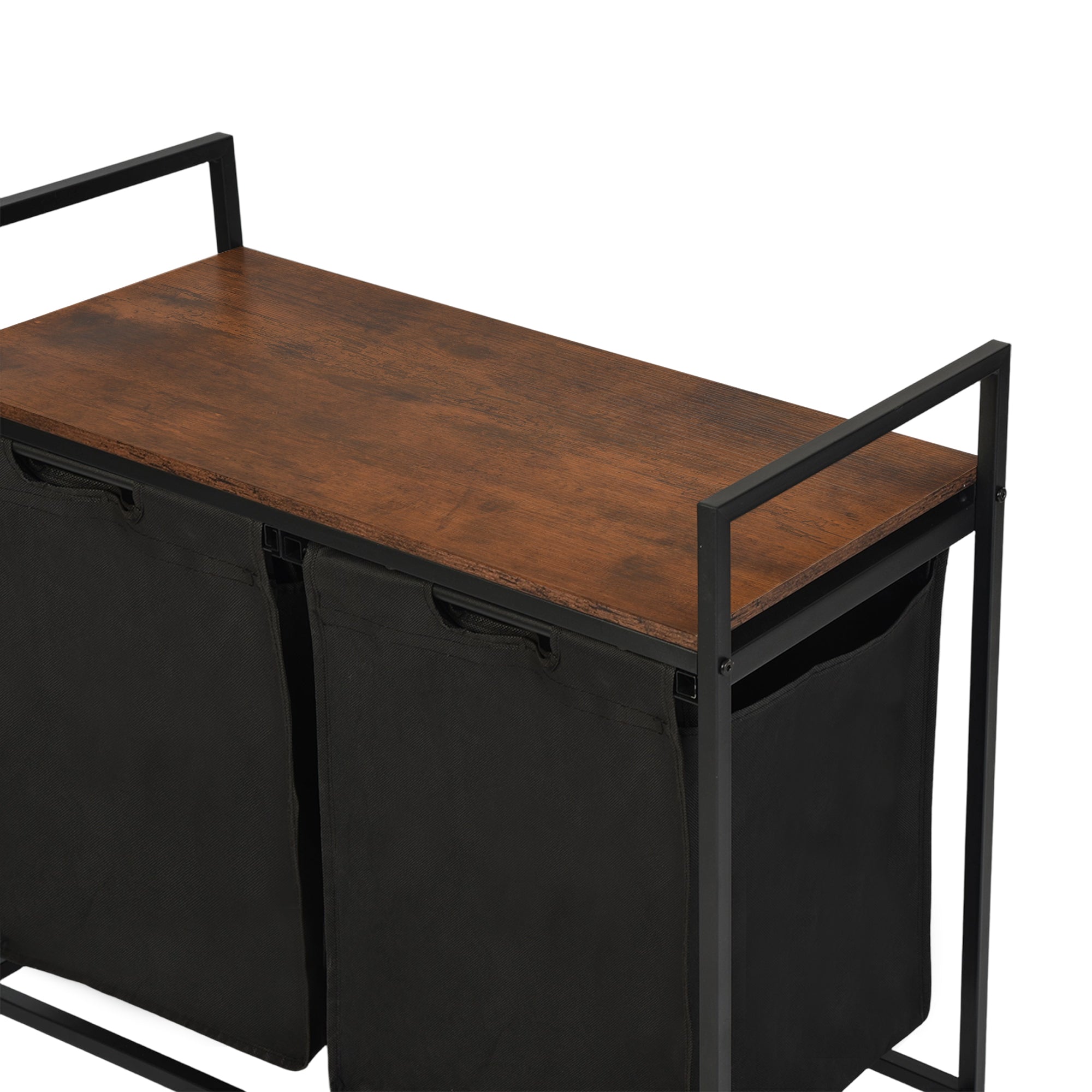 LABIN Single Laundry Hamper with Removable Bag and Rustic Wood Look Shelf, Black Steel Frame, Compact Bathroom Storage