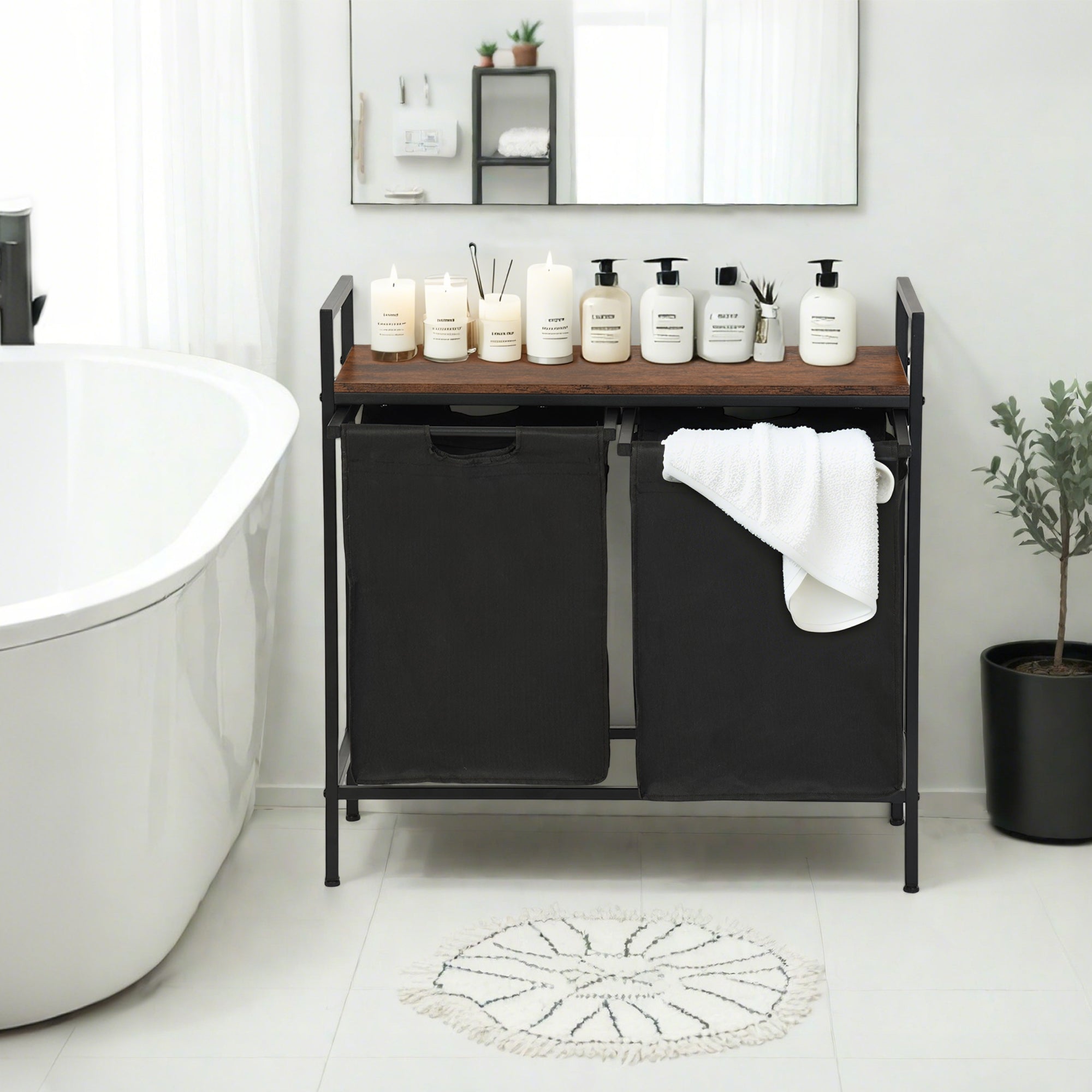 LABIN Single Laundry Hamper with Removable Bag and Rustic Wood Look Shelf, Black Steel Frame, Compact Bathroom Storage