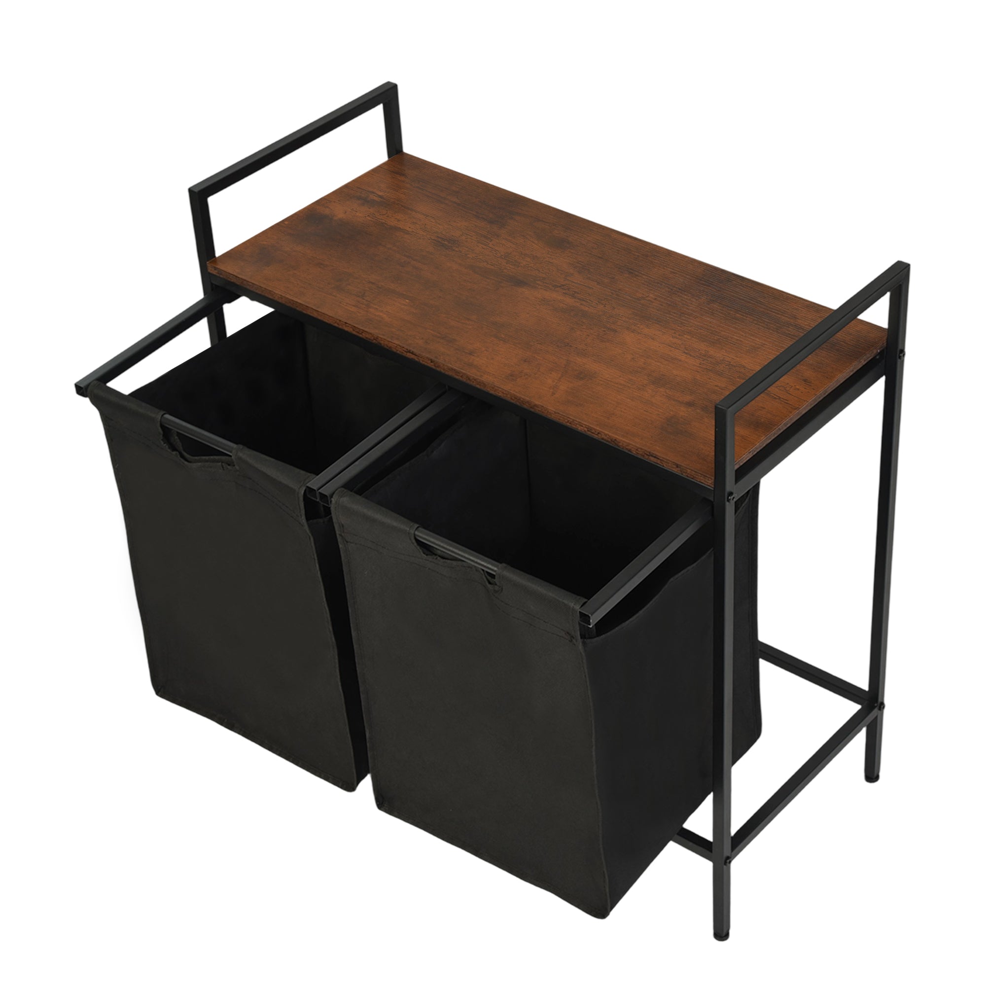 LABIN Single Laundry Hamper with Removable Bag and Rustic Wood Look Shelf, Black Steel Frame, Compact Bathroom Storage