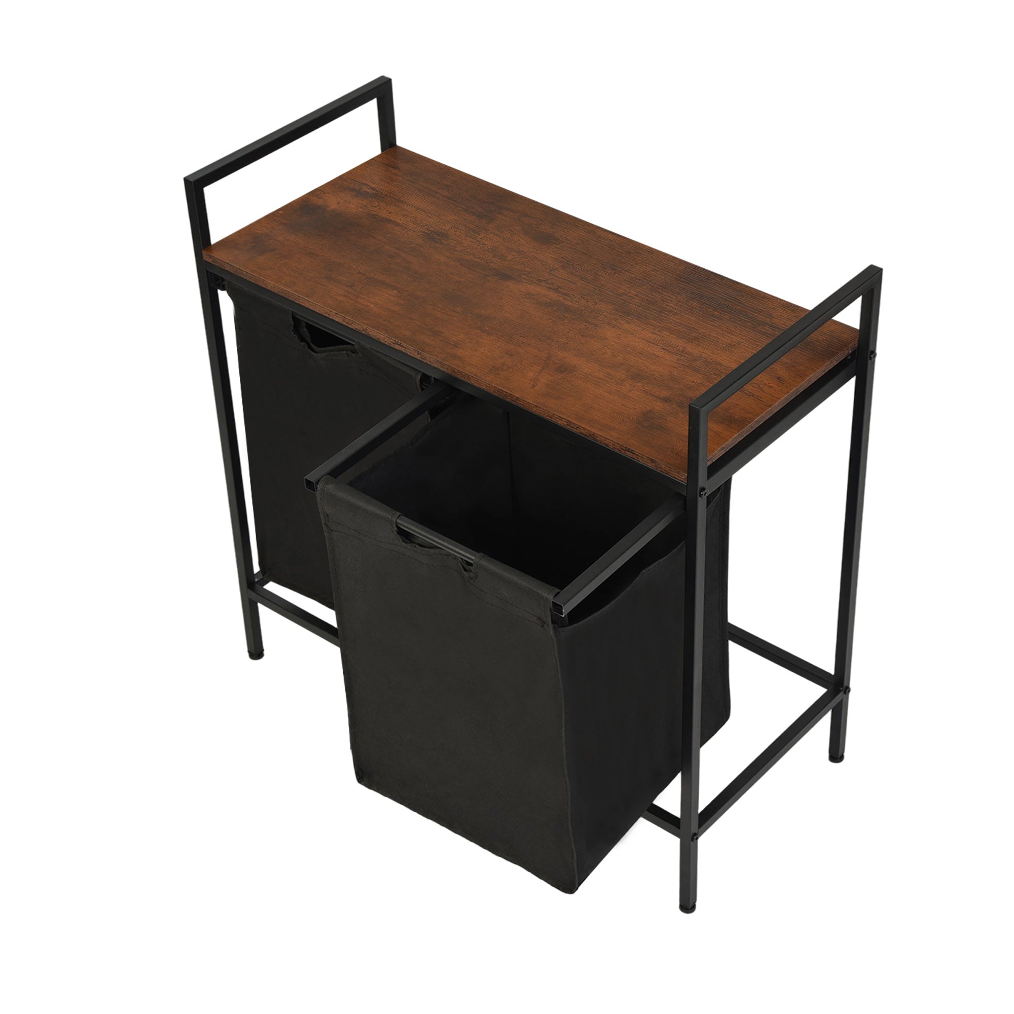 LABIN Single Laundry Hamper with Removable Bag and Rustic Wood Look Shelf, Black Steel Frame, Compact Bathroom Storage