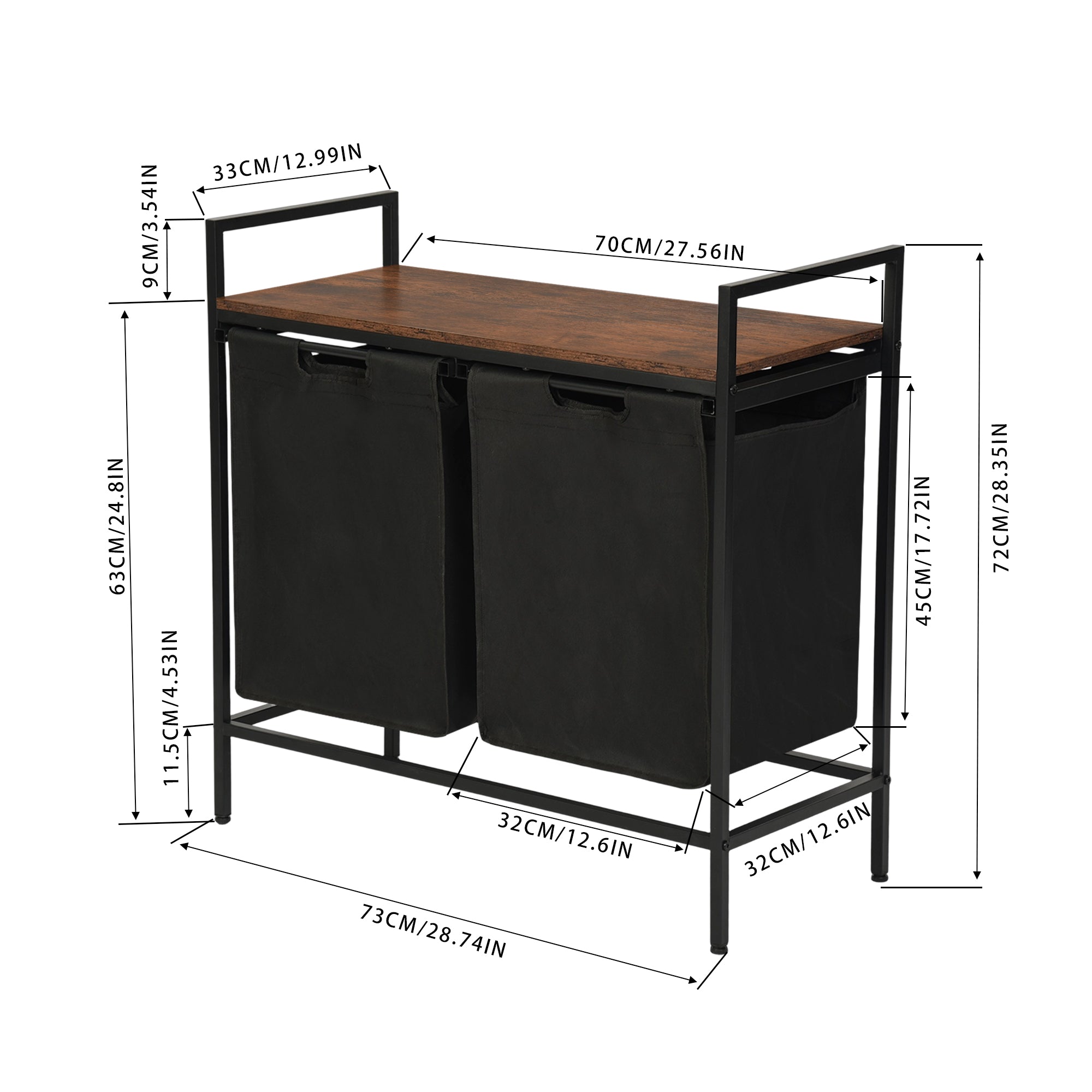 LABIN Single Laundry Hamper with Removable Bag and Rustic Wood Look Shelf, Black Steel Frame, Compact Bathroom Storage