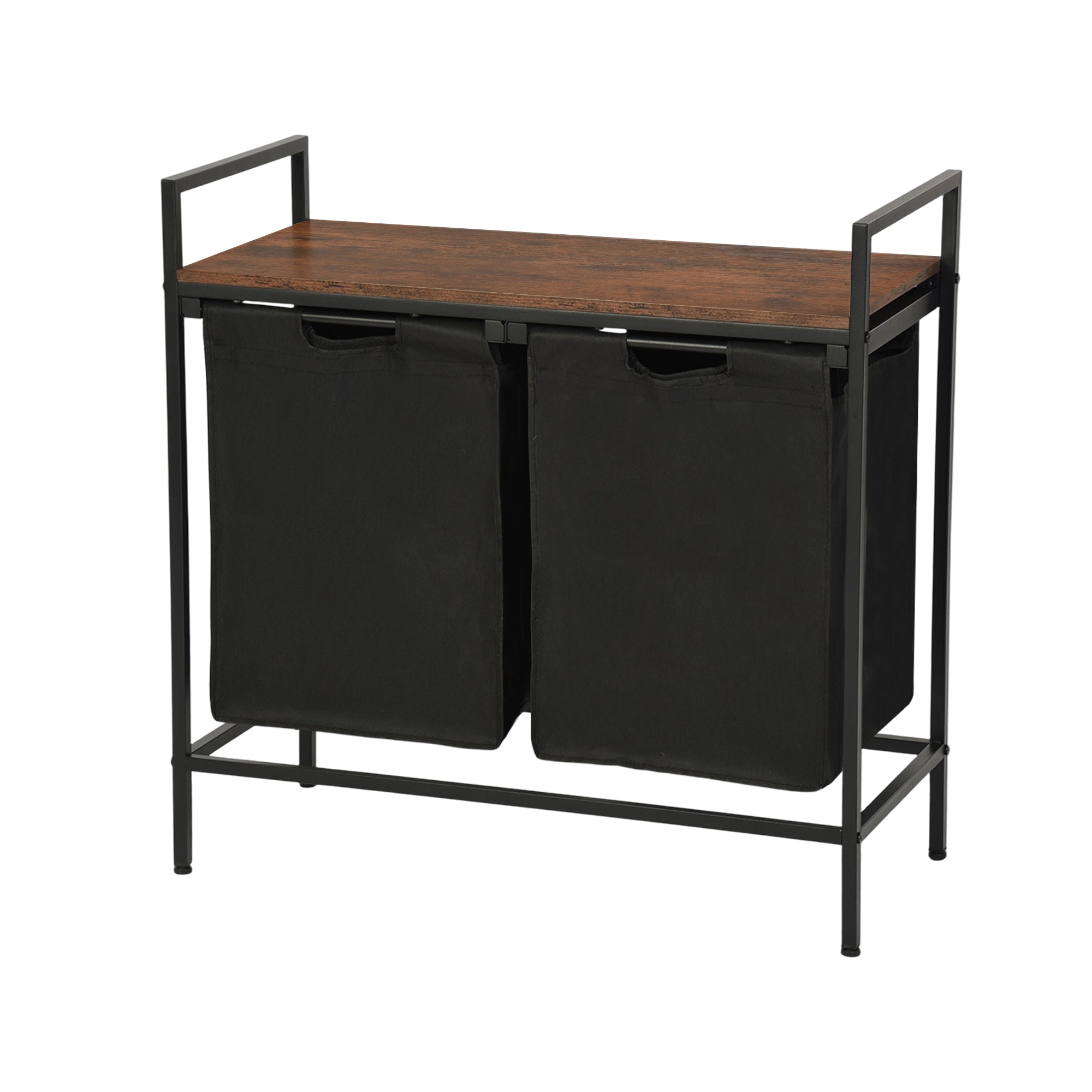 LABIN Single Laundry Hamper with Removable Bag and Rustic Wood Look Shelf, Black Steel Frame, Compact Bathroom Storage