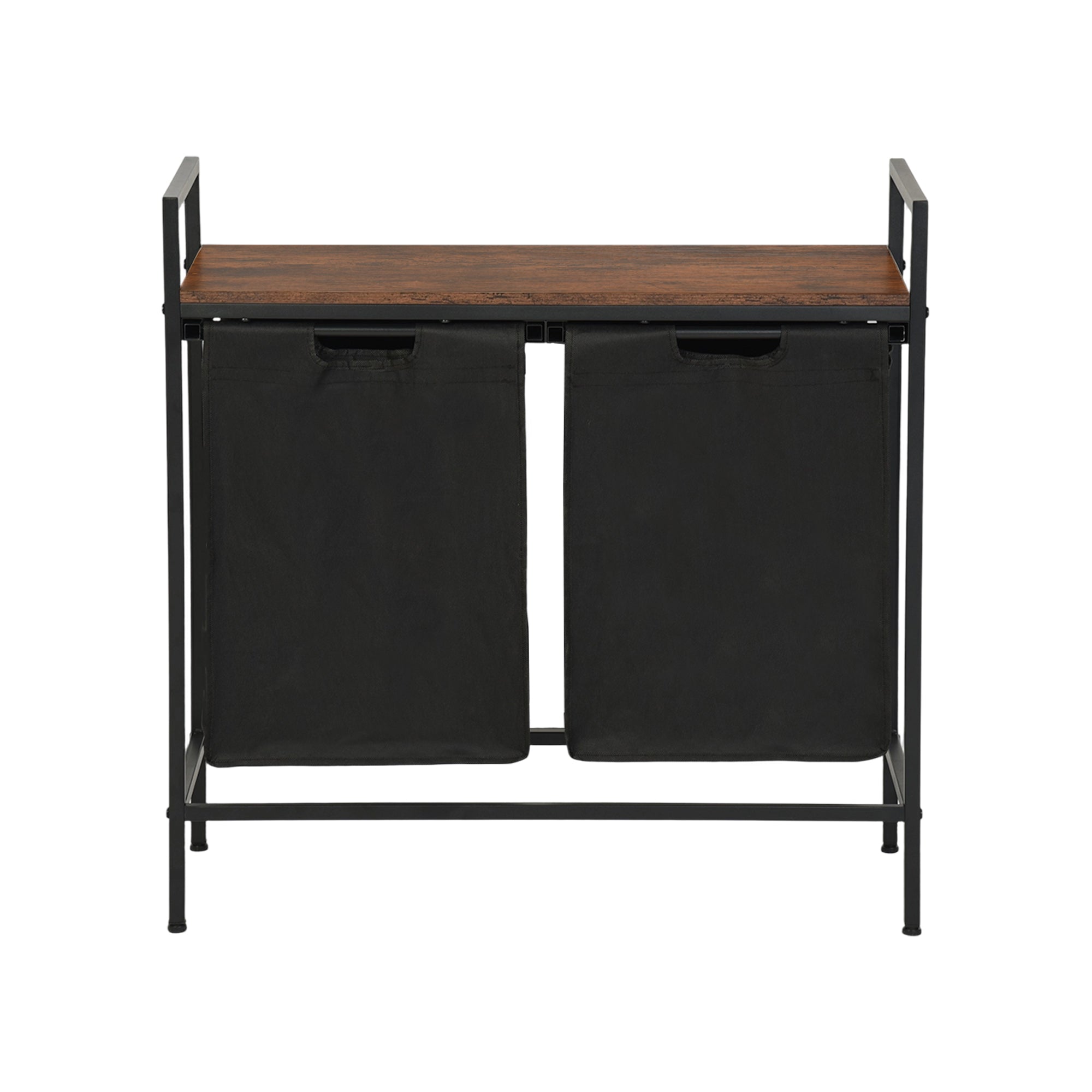 LABIN Single Laundry Hamper with Removable Bag and Rustic Wood Look Shelf, Black Steel Frame, Compact Bathroom Storage