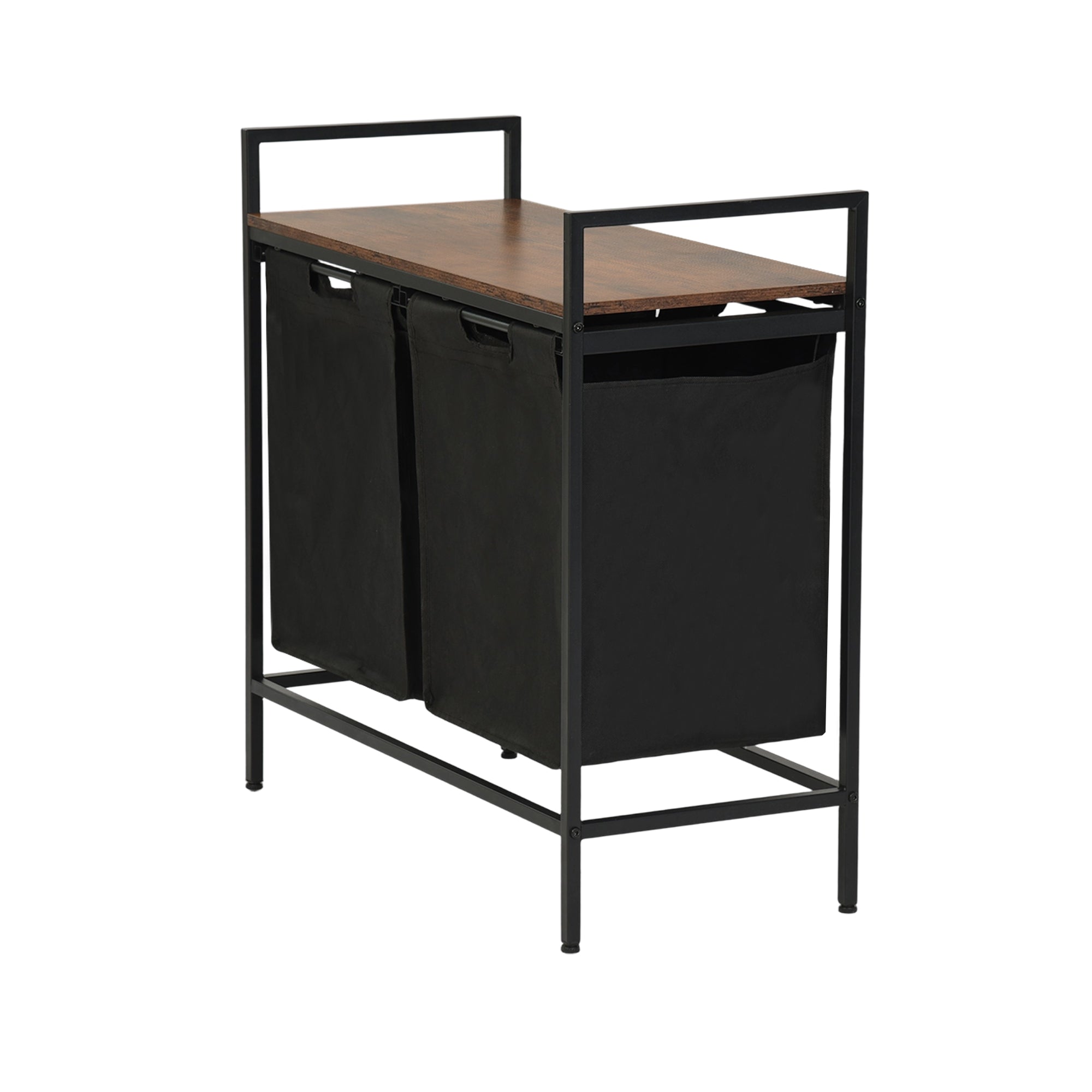 LABIN Single Laundry Hamper with Removable Bag and Rustic Wood Look Shelf, Black Steel Frame, Compact Bathroom Storage