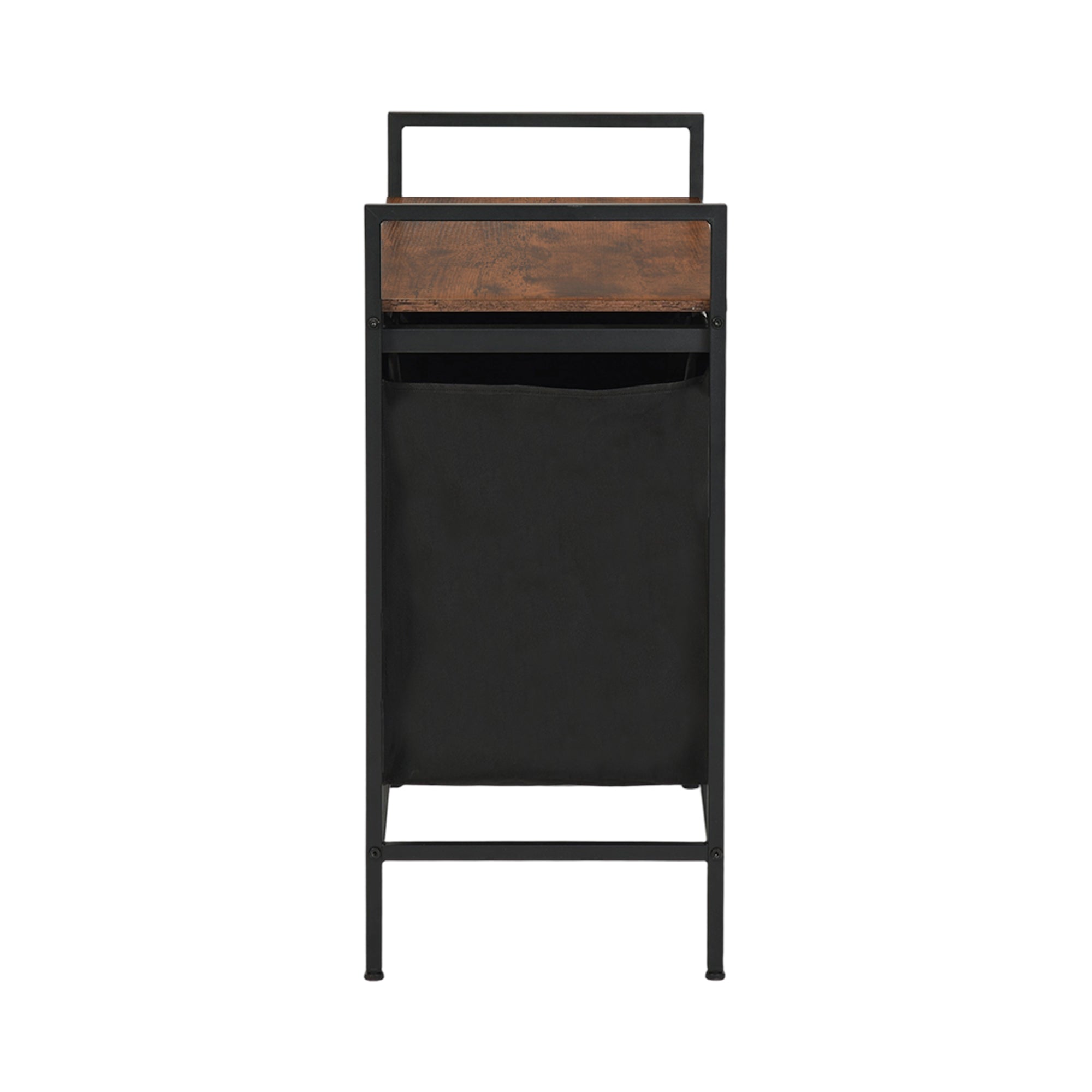 LABIN Single Laundry Hamper with Removable Bag and Rustic Wood Look Shelf, Black Steel Frame, Compact Bathroom Storage