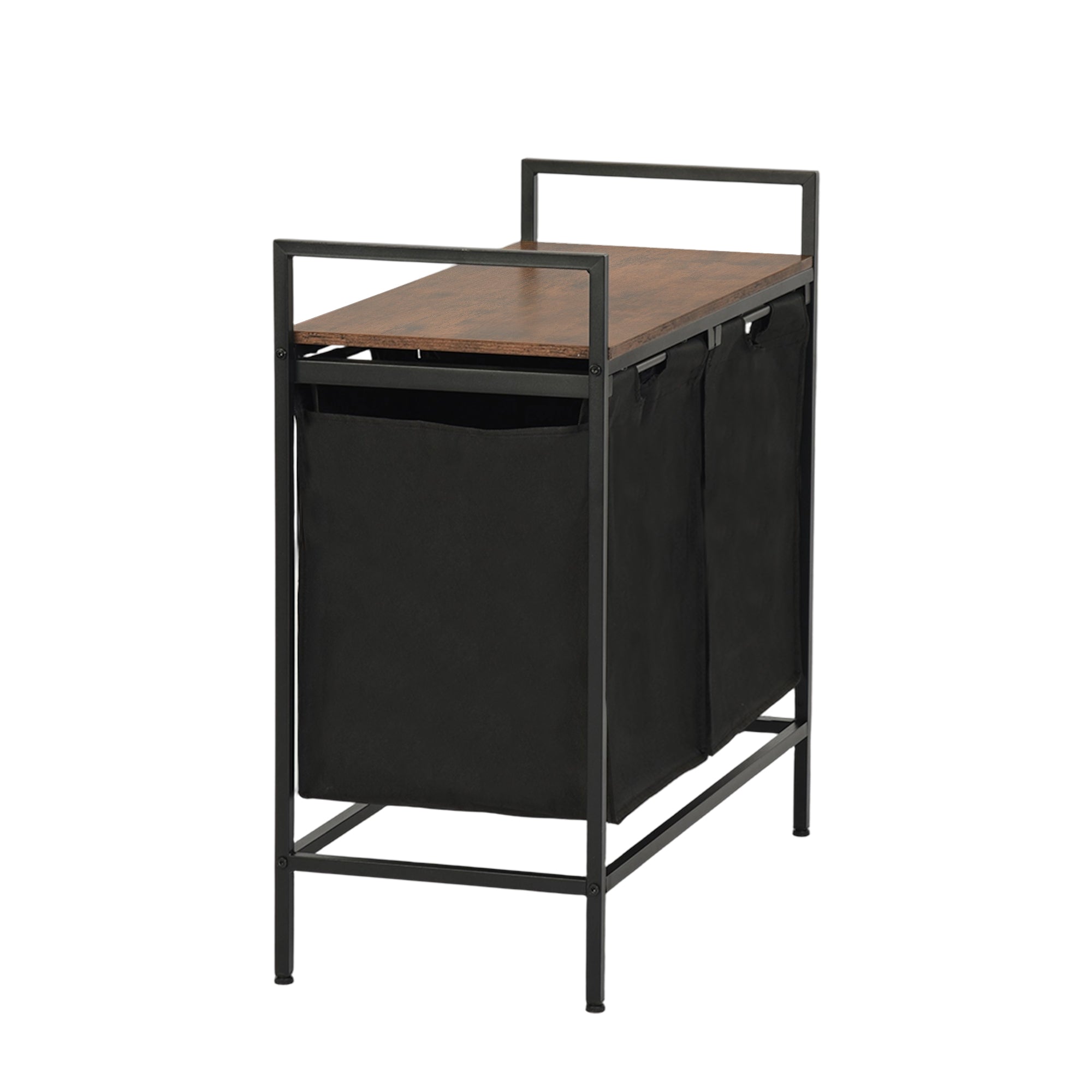 LABIN Single Laundry Hamper with Removable Bag and Rustic Wood Look Shelf, Black Steel Frame, Compact Bathroom Storage