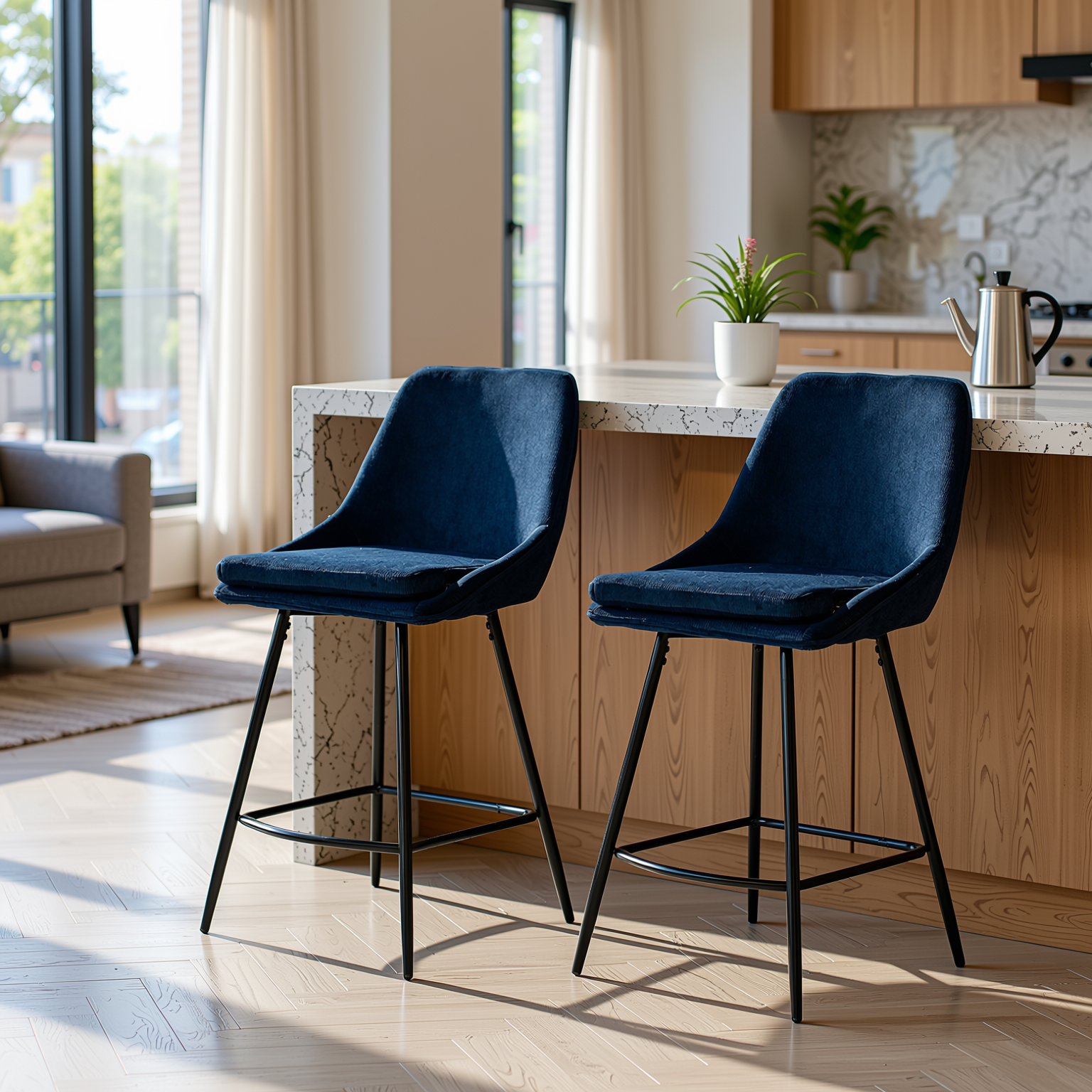Homy Casa LAKERS 2PC BLUE Barstool with Corduroy Fabric and Metal Legs