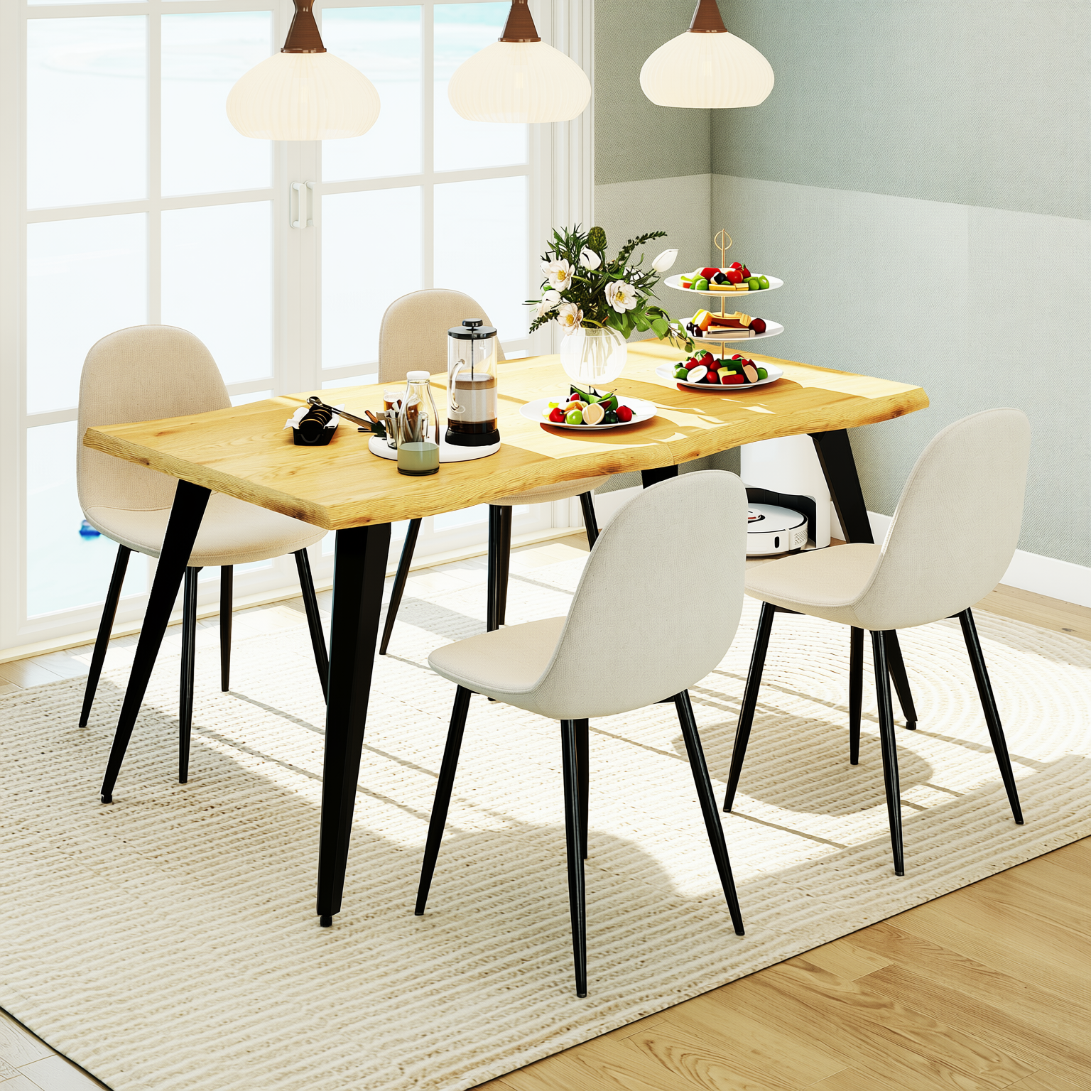 Homy Casa Lancelot 5PC Dining Set 63“ Oak Table with 4 Charlton Lumos Beige Upholstered Chairs