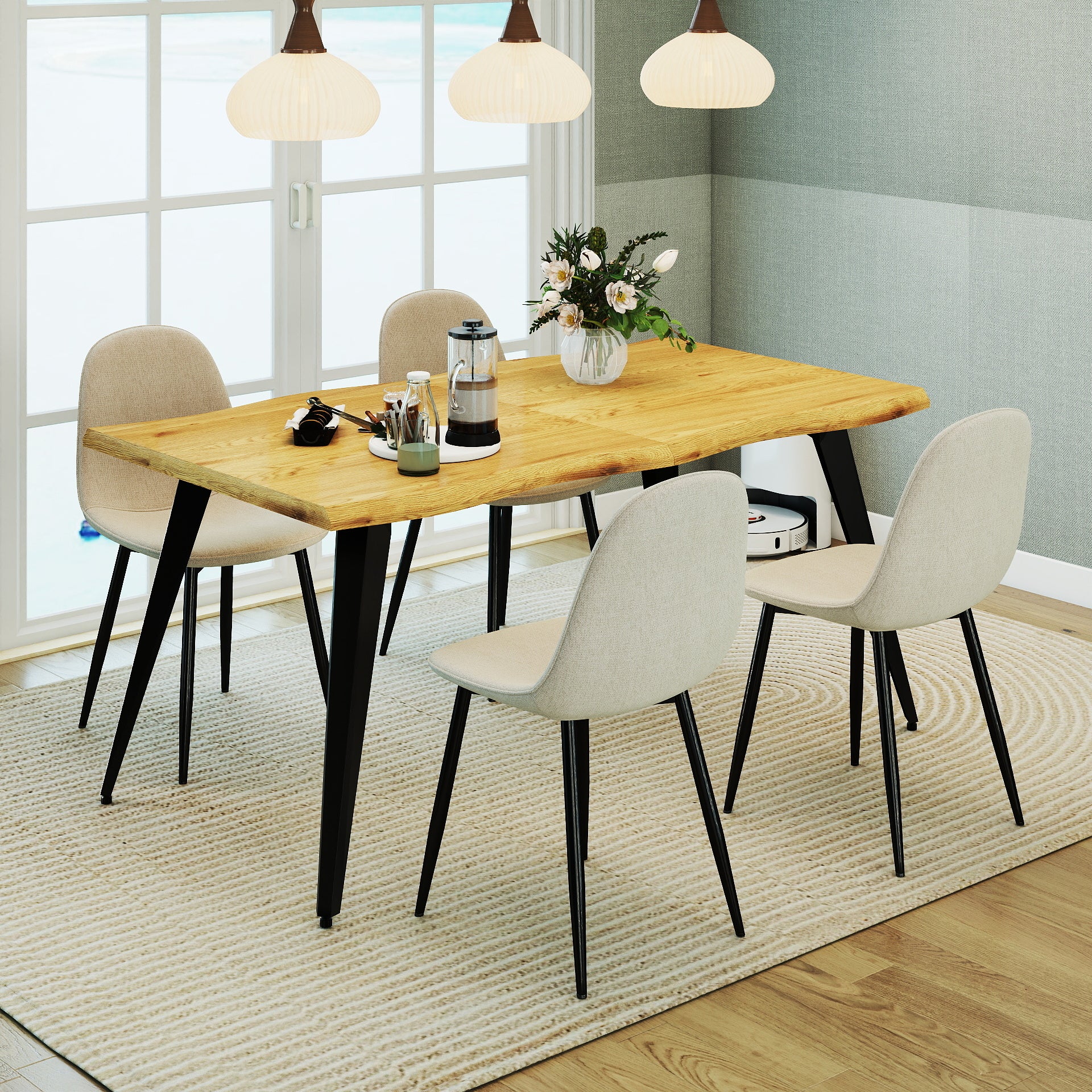 Homy Casa Lancelot 5PC Dining Set 63“ Oak Table with 4 Charlton Lumos Beige Upholstered Chairs