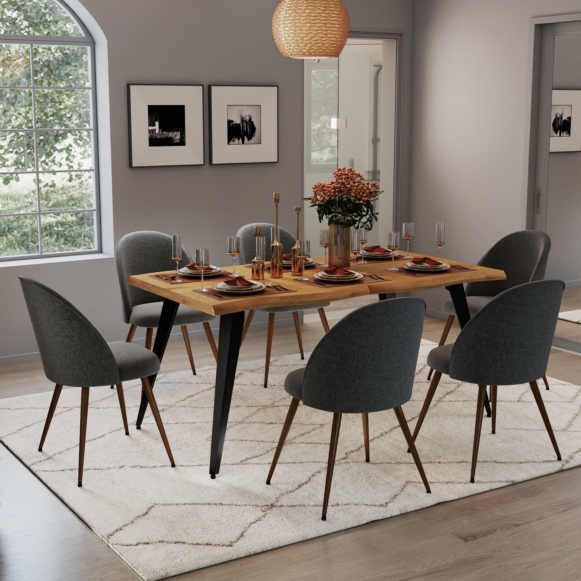 Lancelot 7 Piece Oak Dining Table Set with 6 Haven Upholstered Chairs
