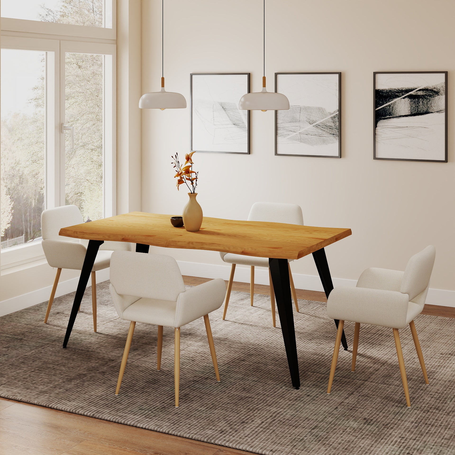 Homy Casa Lancelot Oak Dining Table Set with 4 Mayfair Upholstered Chairs Set of 5