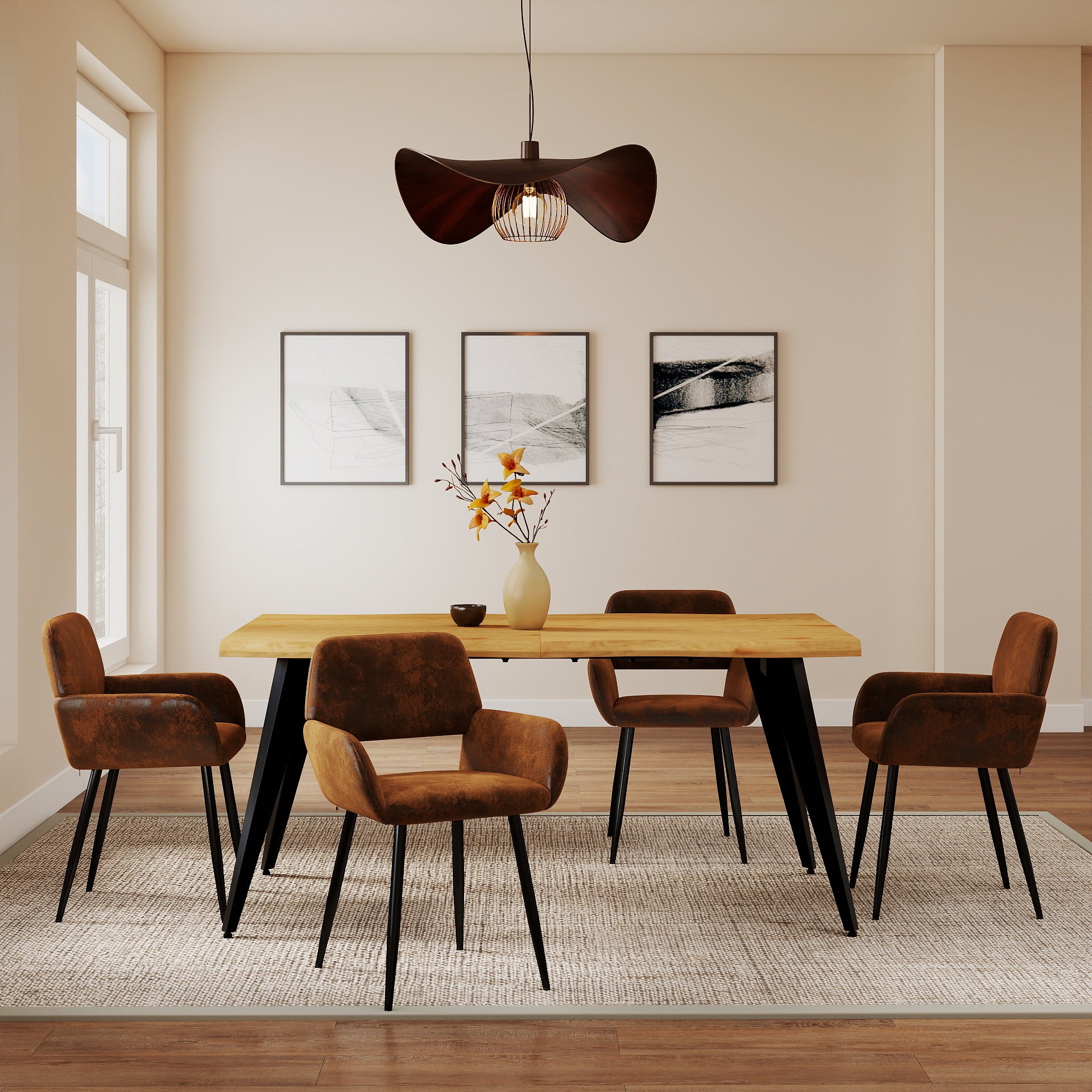 Homy Casa Lancelot Oak Dining Table Set with 4 Mayfair Upholstered Chairs Set of 5