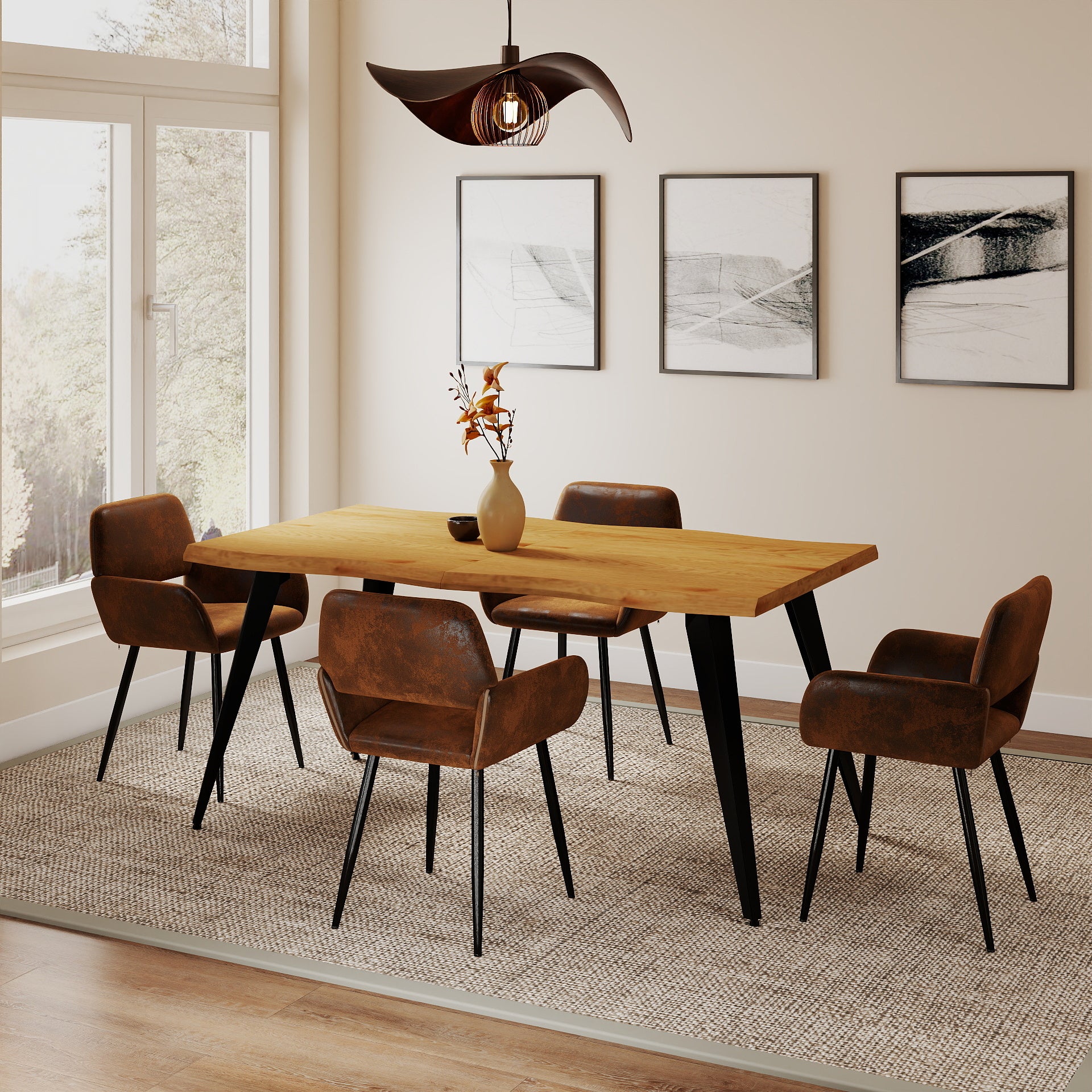 Homy Casa Lancelot Oak Dining Table Set with 4 Mayfair Upholstered Chairs Set of 5