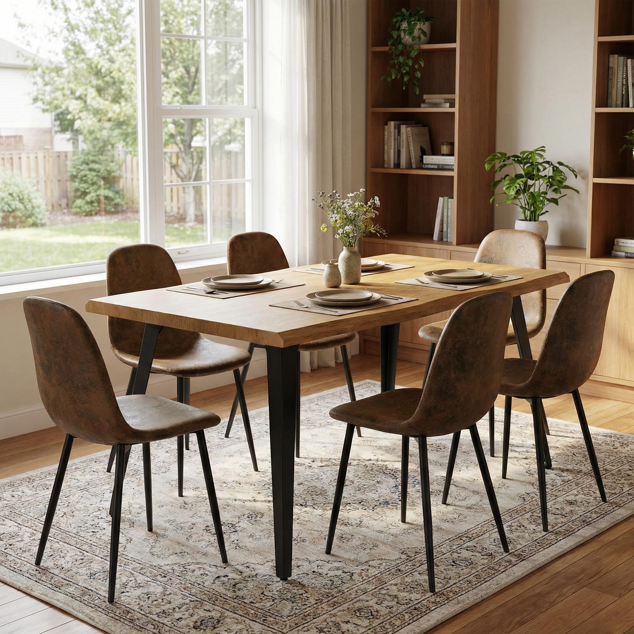 Homy Casa Lancelot 7PC Dining Table Set 63” Natural Table with 6 Charlton Vintage Brown Upholstered Chairs