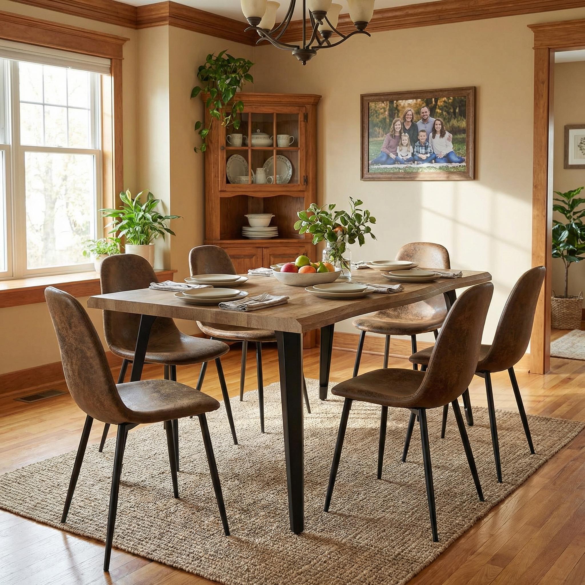 Homy Casa Lancelot 7PC Dining Table Set 63” Walnut Table with 6 Charlton Vintage Brown Upholstered Chairs