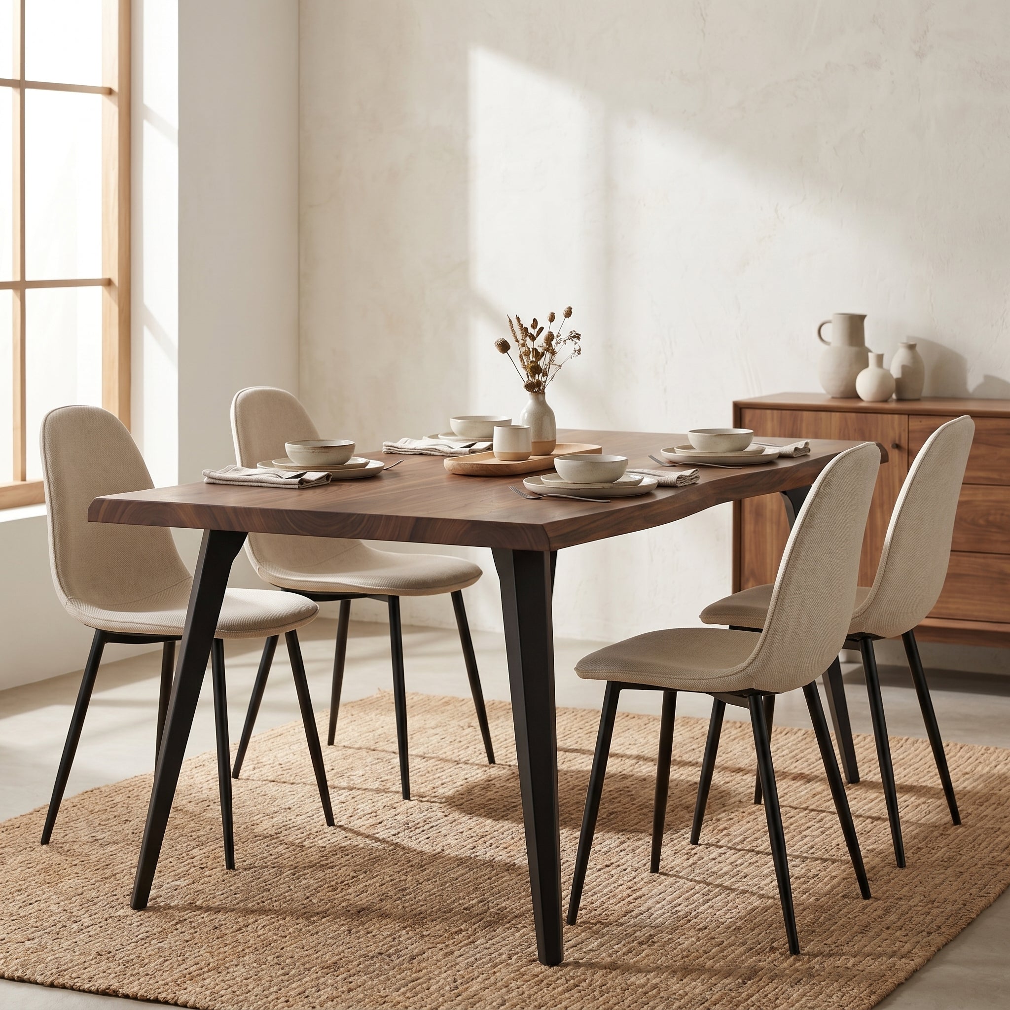 Homy Casa LANCELOT+CHARLTON 5PC Dining Set 63" Dark Walnut Table with 4 Charlton Barrel Beige Fabric Chairs