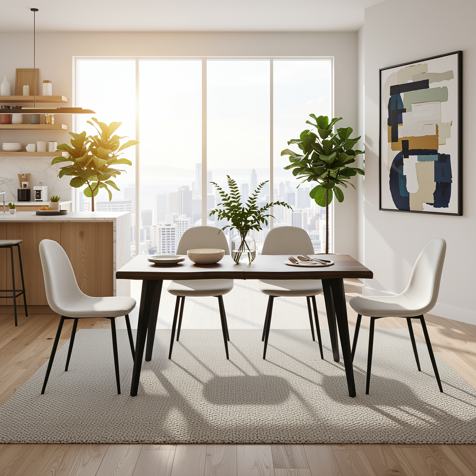 Homy Casa LANCELOT+CHARLTON 5PC Dining Set 63" Dark Walnut Table with 4 Charlton Barrel Beige Fabric Chairs