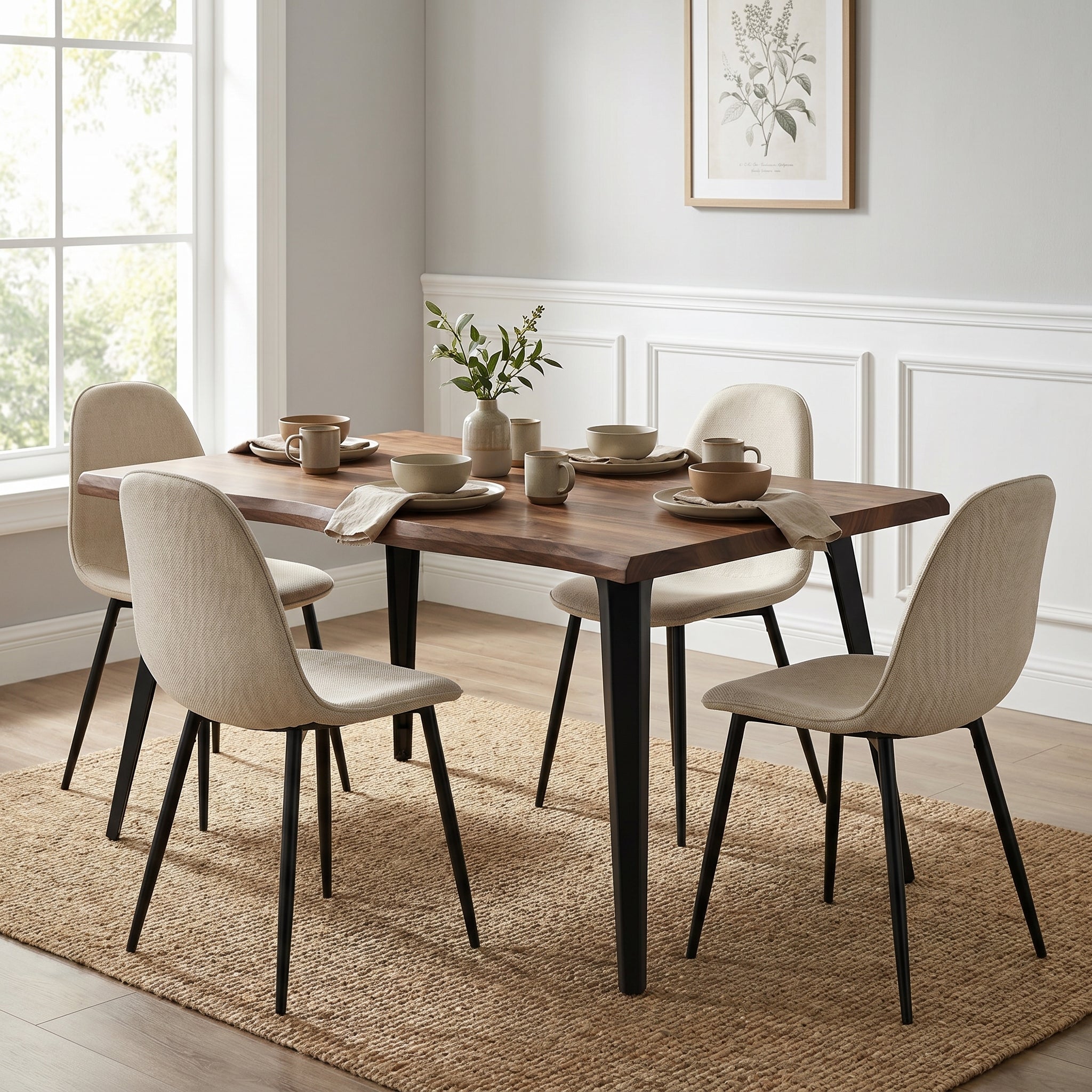 Homy Casa LANCELOT+CHARLTON 5PC Dining Set 63" Dark Walnut Table with 4 Charlton Barrel Beige Fabric Chairs