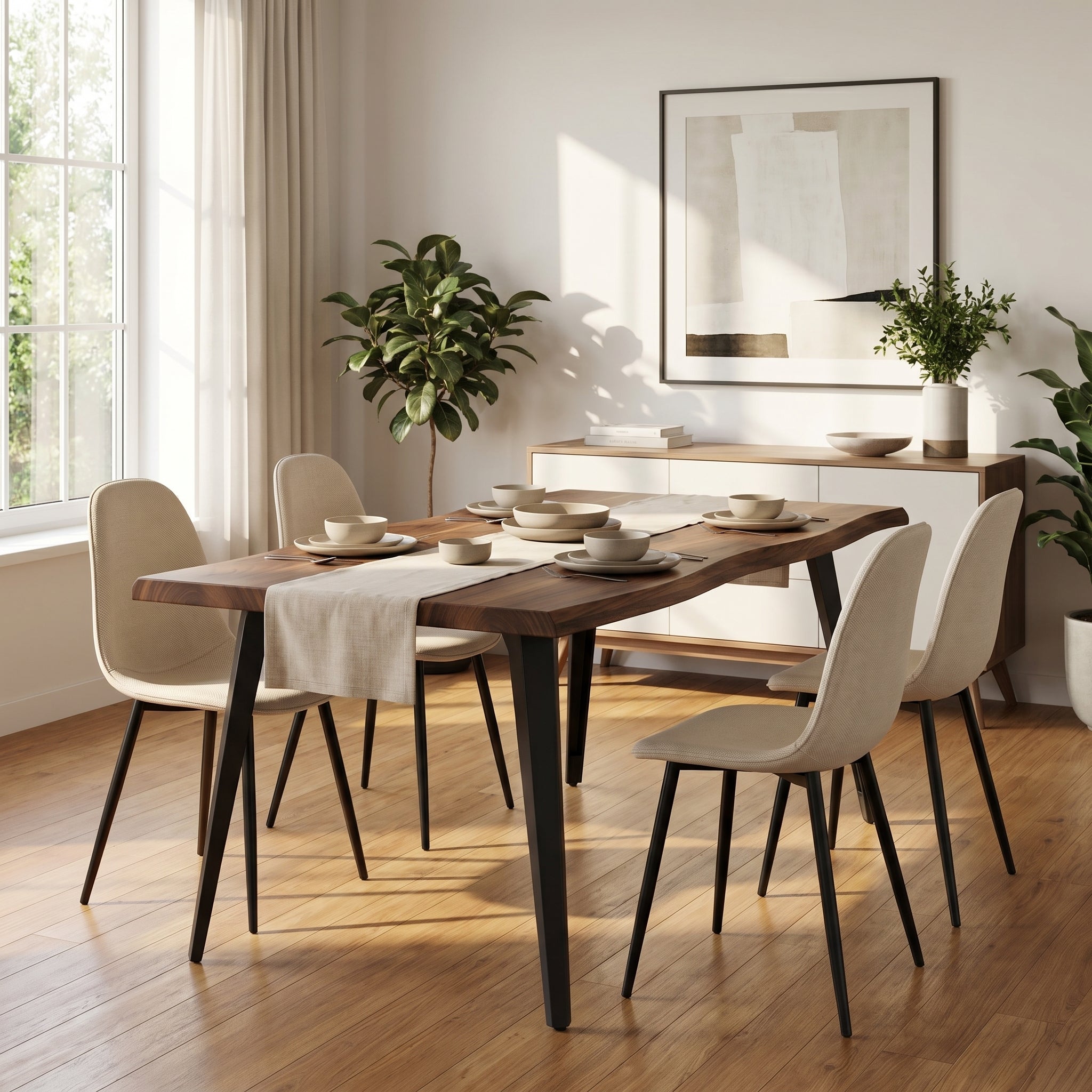 Homy Casa LANCELOT+CHARLTON 5PC Dining Set 63" Dark Walnut Table with 4 Charlton Barrel Beige Fabric Chairs