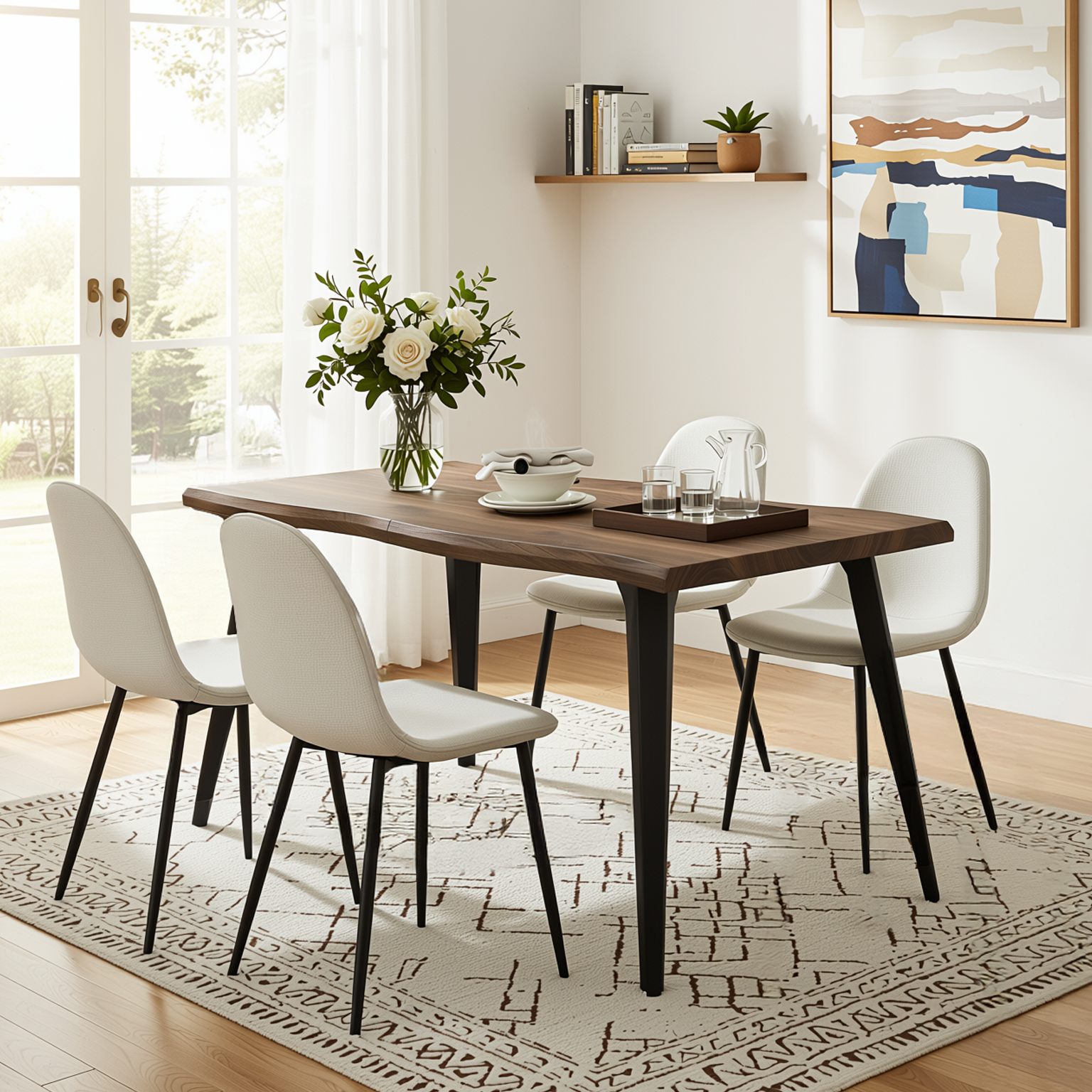Homy Casa LANCELOT+CHARLTON 5PC Dining Set 63" Dark Walnut Table with 4 Charlton Barrel Beige Fabric Chairs