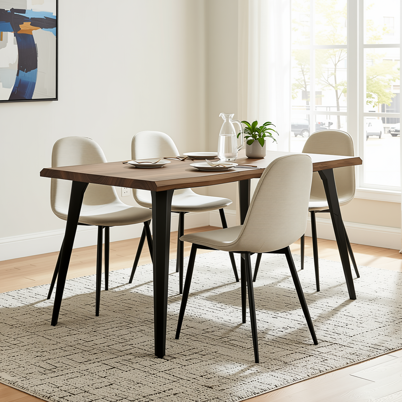 Homy Casa LANCELOT+CHARLTON 5PC Dining Set 63" Dark Walnut Table with 4 Charlton Barrel Beige Fabric Chairs