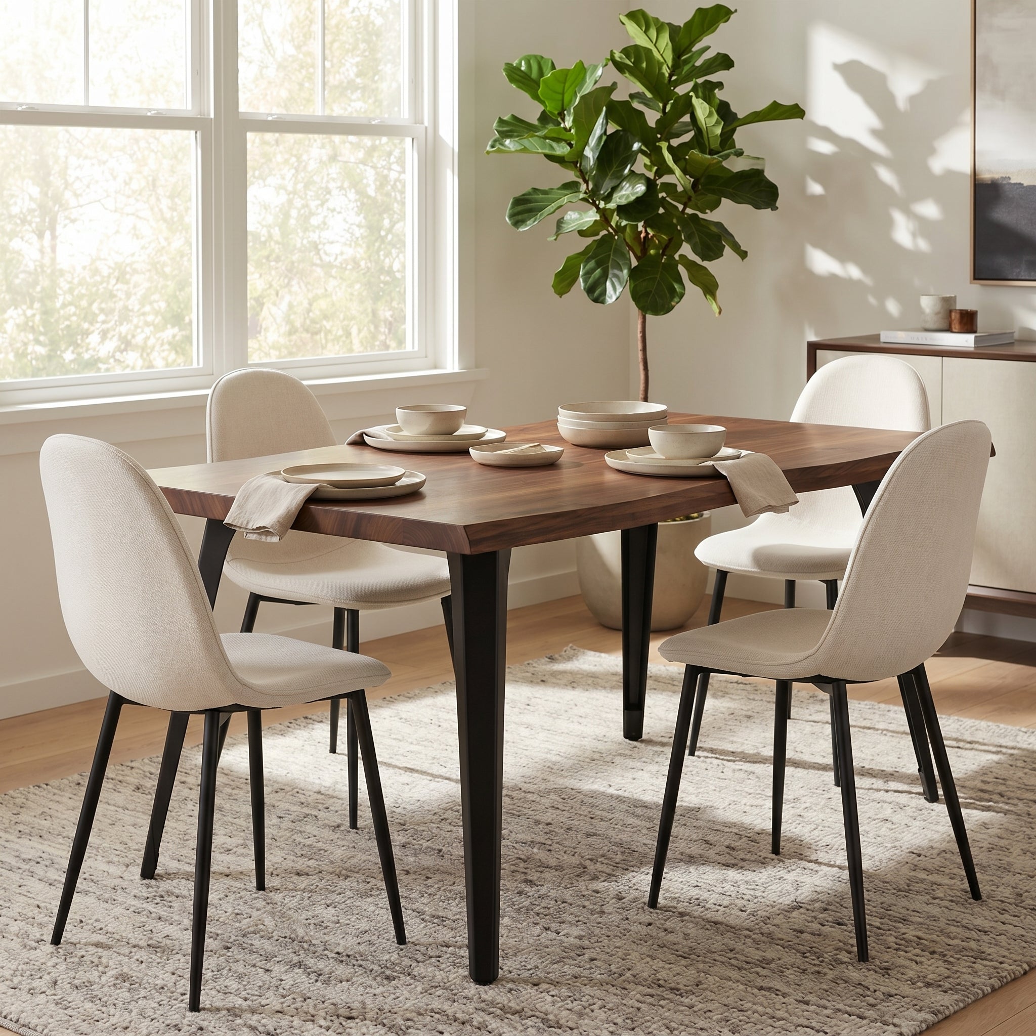 Homy Casa LANCELOT+CHARLTON 5PC Dining Set 63” Dark Walnut Table with 4 Charlton Khaki Fabric Chairs – Vintage Finish