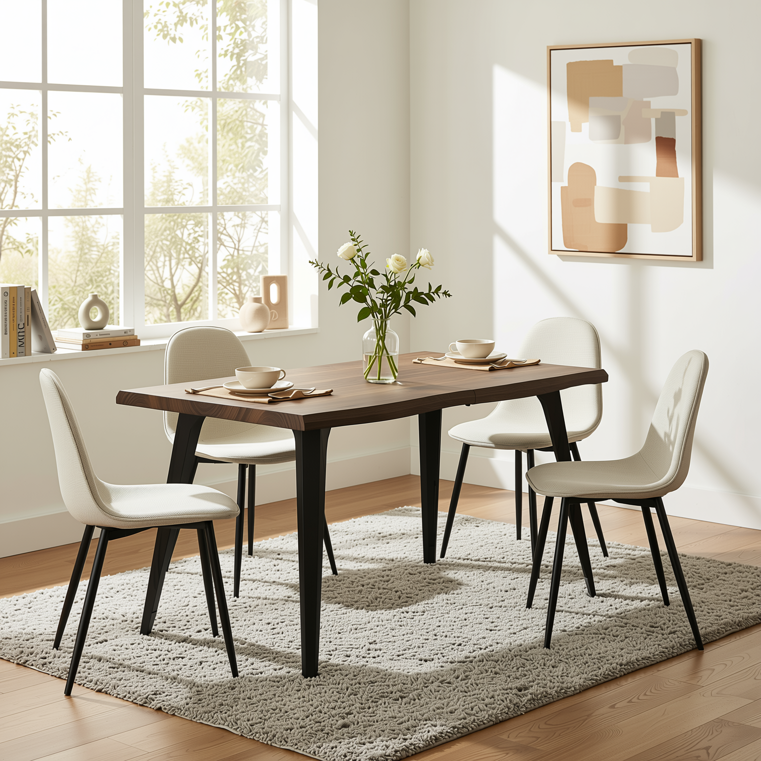 Homy Casa LANCELOT+CHARLTON 5PC Dining Set 63” Dark Walnut Table with 4 Charlton Khaki Fabric Chairs – Vintage Finish