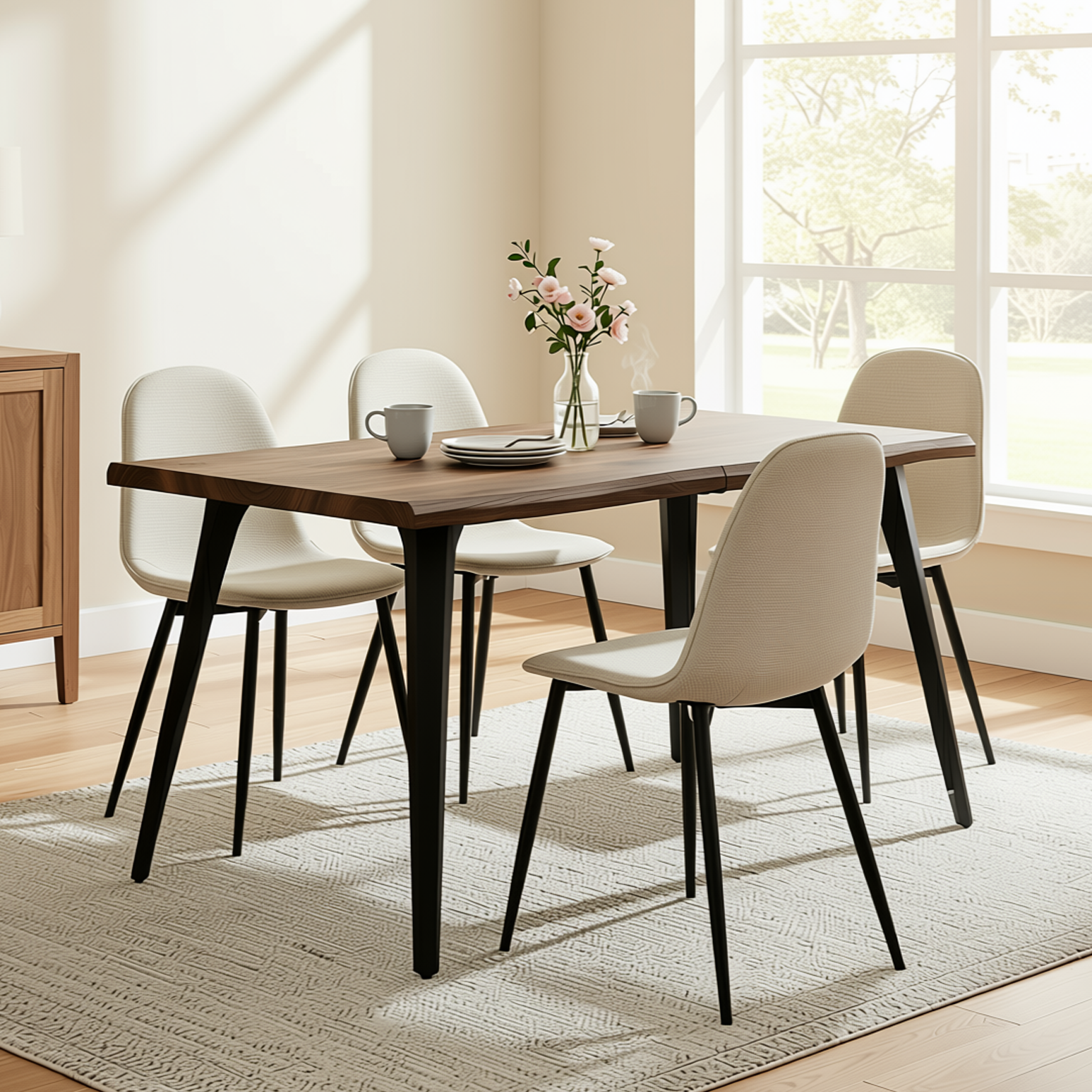 Homy Casa LANCELOT+CHARLTON 5PC Dining Set 63” Dark Walnut Table with 4 Charlton Khaki Fabric Chairs – Vintage Finish