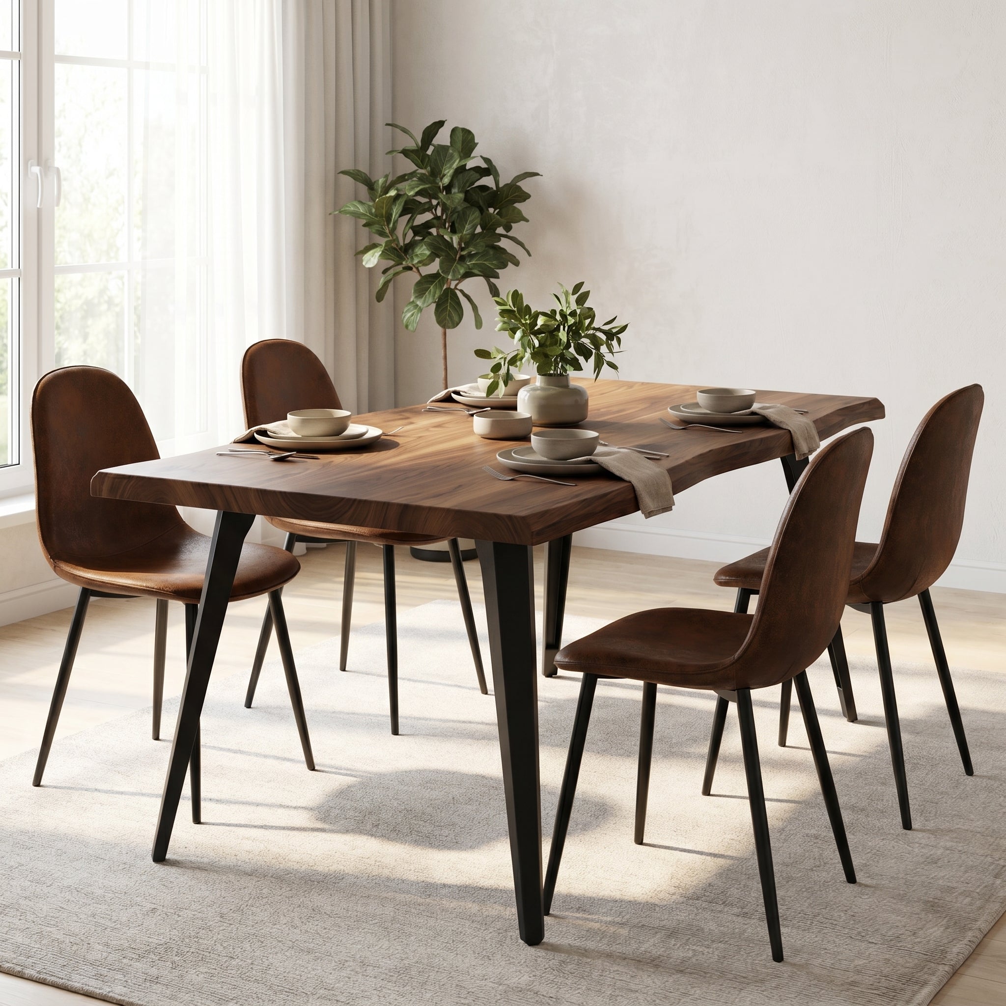 Homy Casa LANCELOT+CHARLTON 5PC Dining Set 63” Dark Walnut Table with 4 Charlton Brown Suede Chairs – Modern Kitchen & Dining Furniture Set