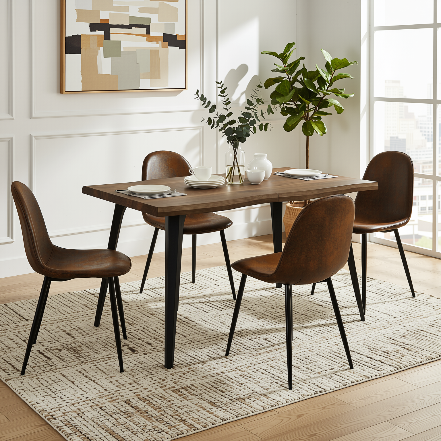 Homy Casa LANCELOT+CHARLTON 5PC Dining Set 63” Dark Walnut Table with 4 Charlton Brown Suede Chairs – Modern Kitchen & Dining Furniture Set