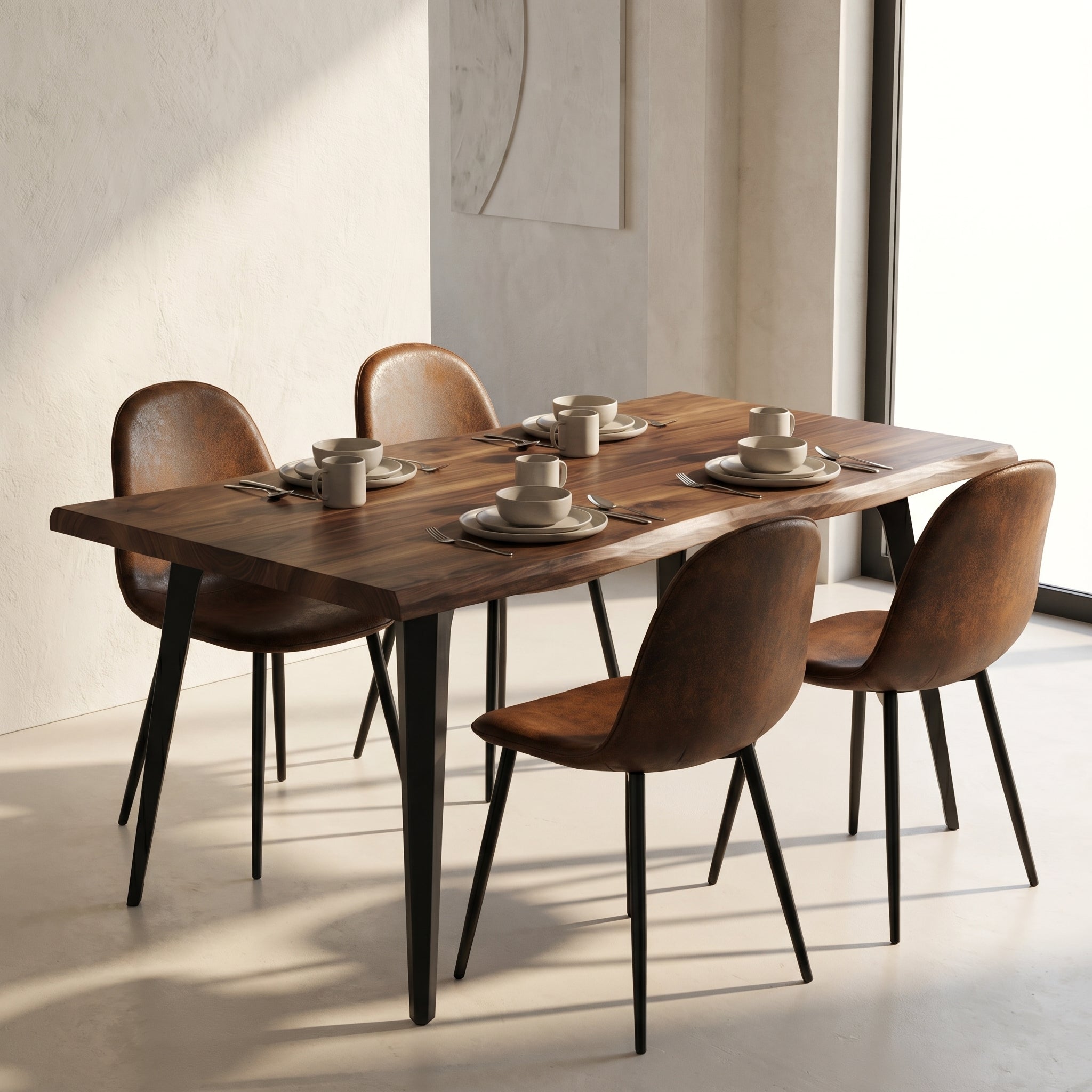 Homy Casa LANCELOT+CHARLTON 5PC Dining Set 63” Dark Walnut Table with 4 Charlton Brown Suede Chairs – Modern Kitchen & Dining Furniture Set