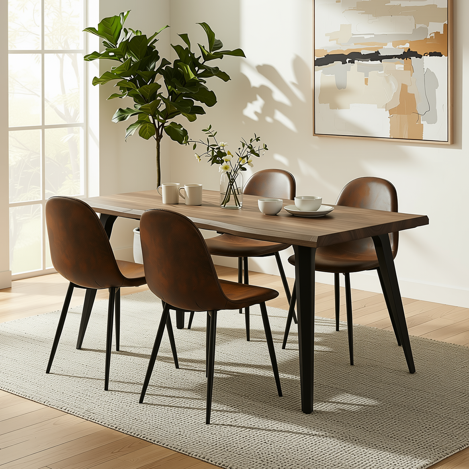 Homy Casa LANCELOT+CHARLTON 5PC Dining Set 63” Dark Walnut Table with 4 Charlton Brown Suede Chairs – Modern Kitchen & Dining Furniture Set