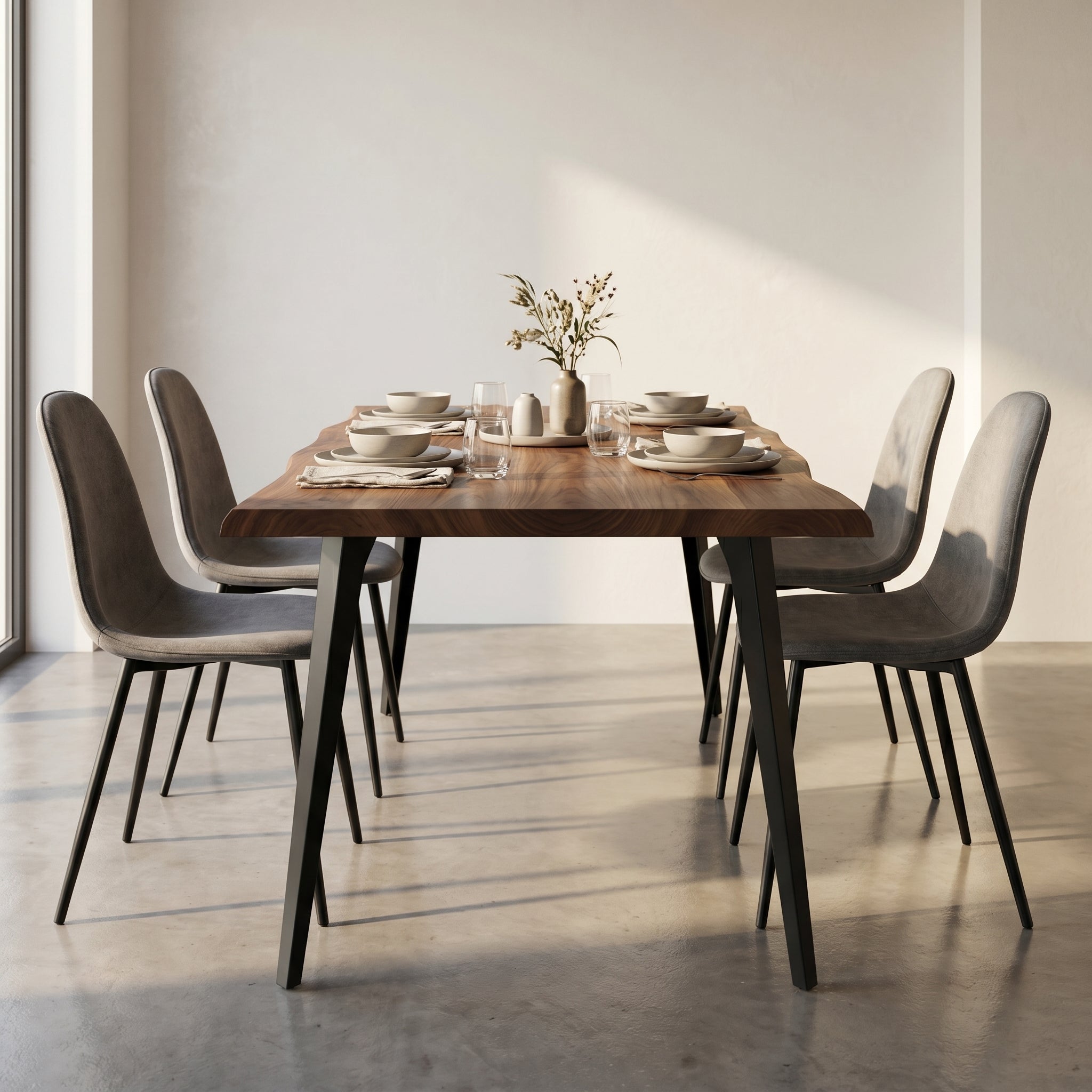 Homy Casa LANCELOT+CHARLTON 5PC Dining Set 63” Dark Walnut Table with 4 Charlton Grey Terry Fabric Chairs