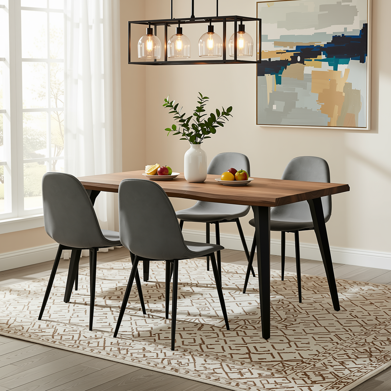 Homy Casa LANCELOT+CHARLTON 5PC Dining Set 63” Dark Walnut Table with 4 Charlton Grey Terry Fabric Chairs