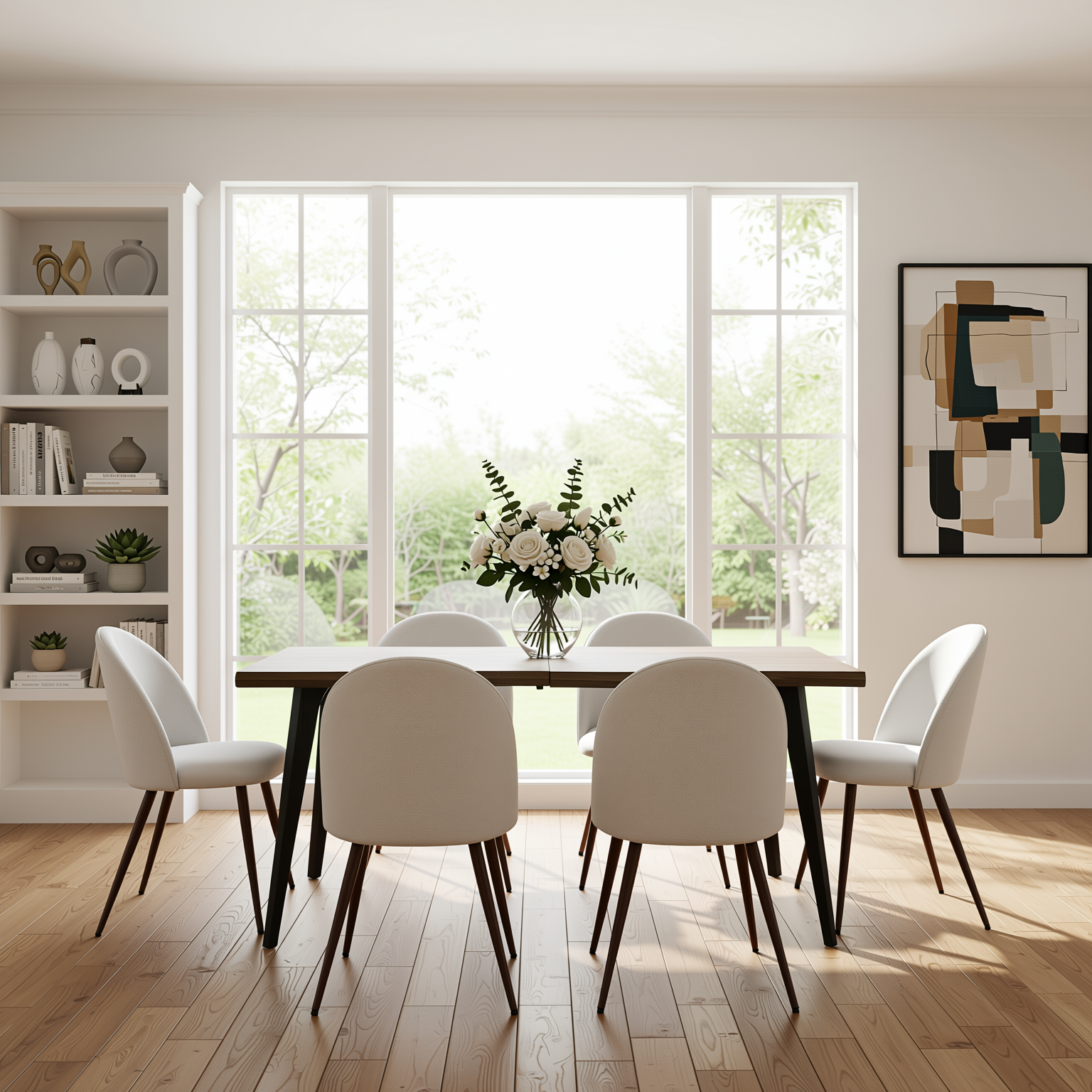 Homy Casa LANCELOT+HAVEN 7PC Dining Set 63” Walnut Wave Edge Table with 6 Haven Beige Upholstered Chairs